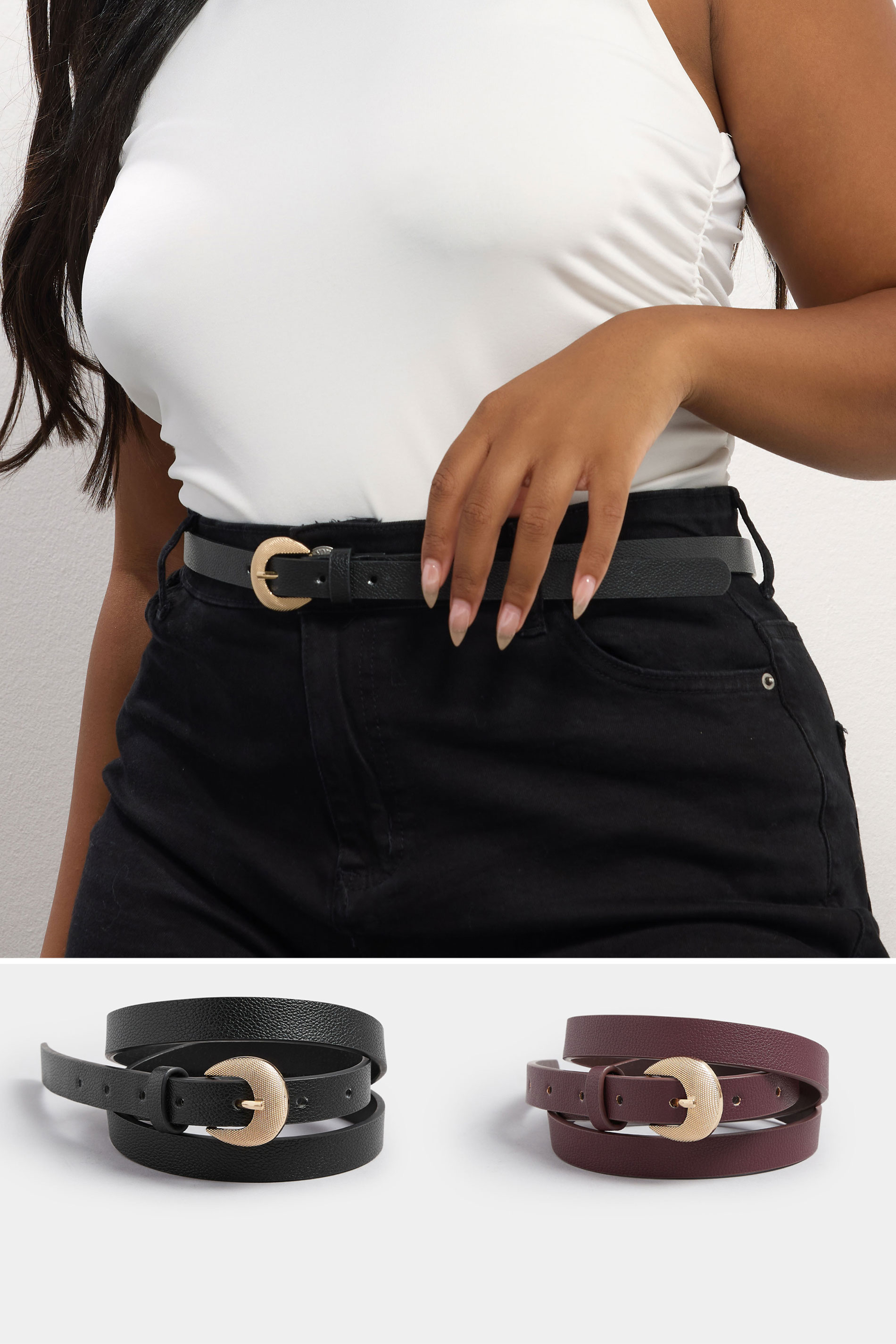 2 PACK Black & Purple Textured Buckle Belts | Yours Clothing 1