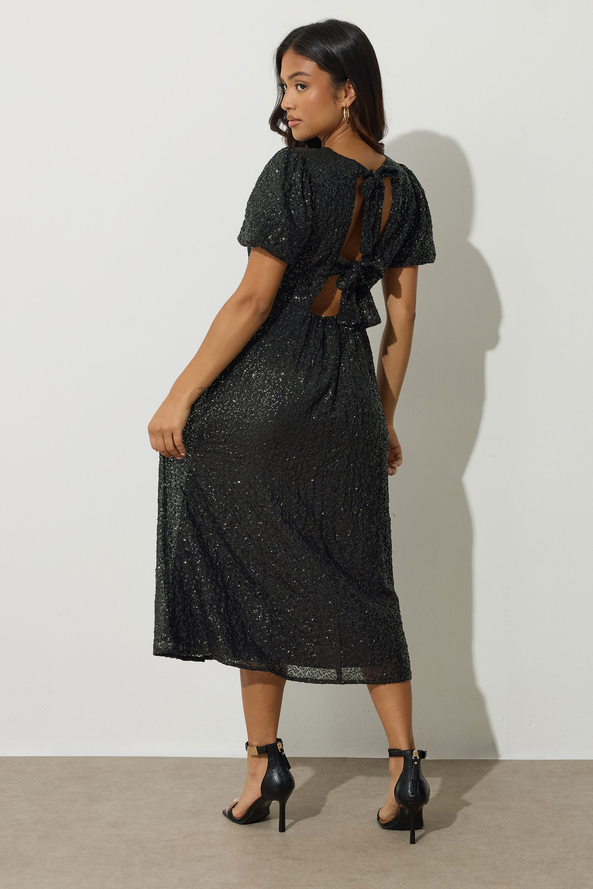 PixieGirl Petite Womens Black Sequin Tie Back Midi Dress | PixieGirl 5