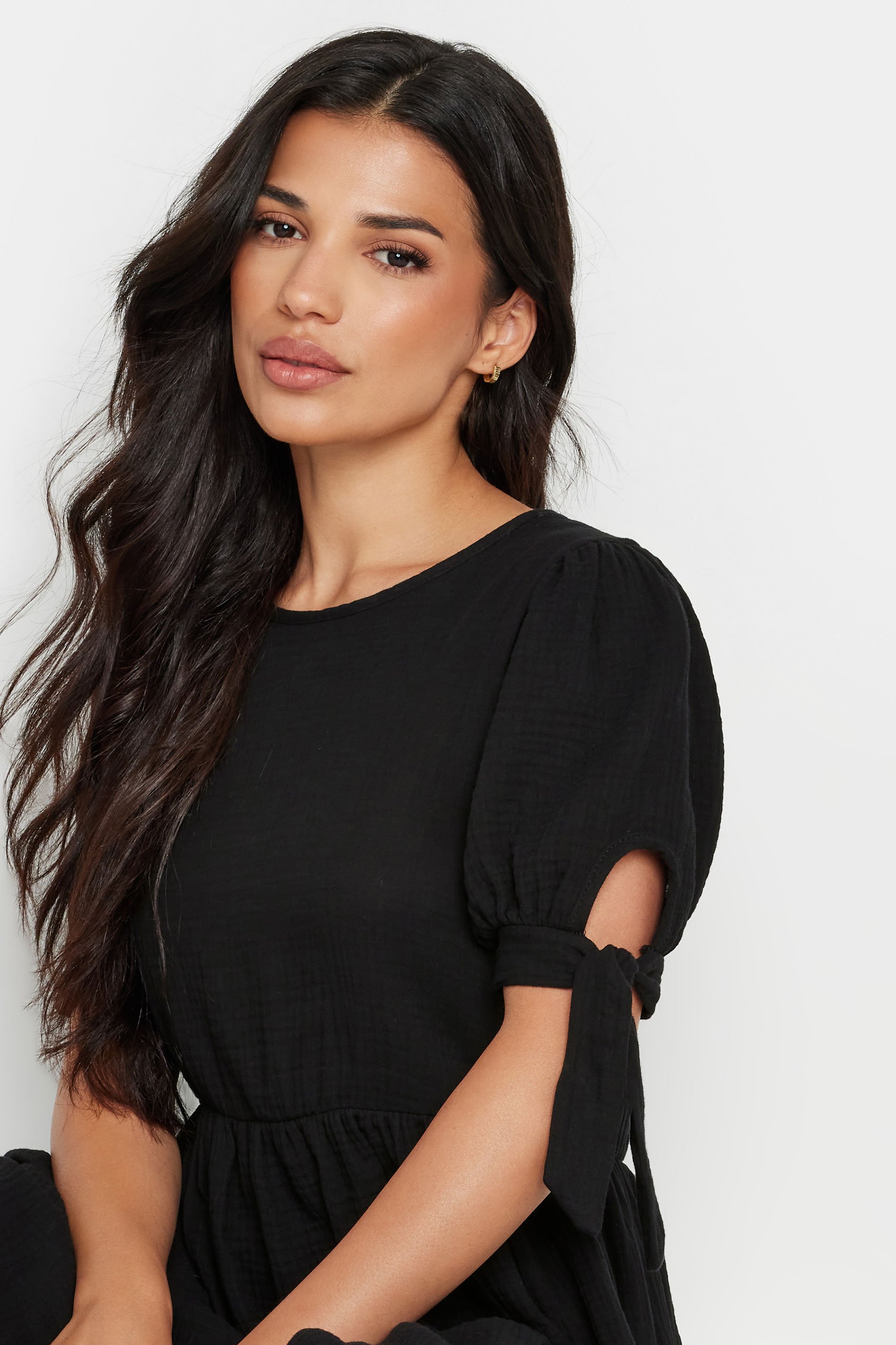 PixieGirl Petite Black Tie Sleeve Textured Smock Dress