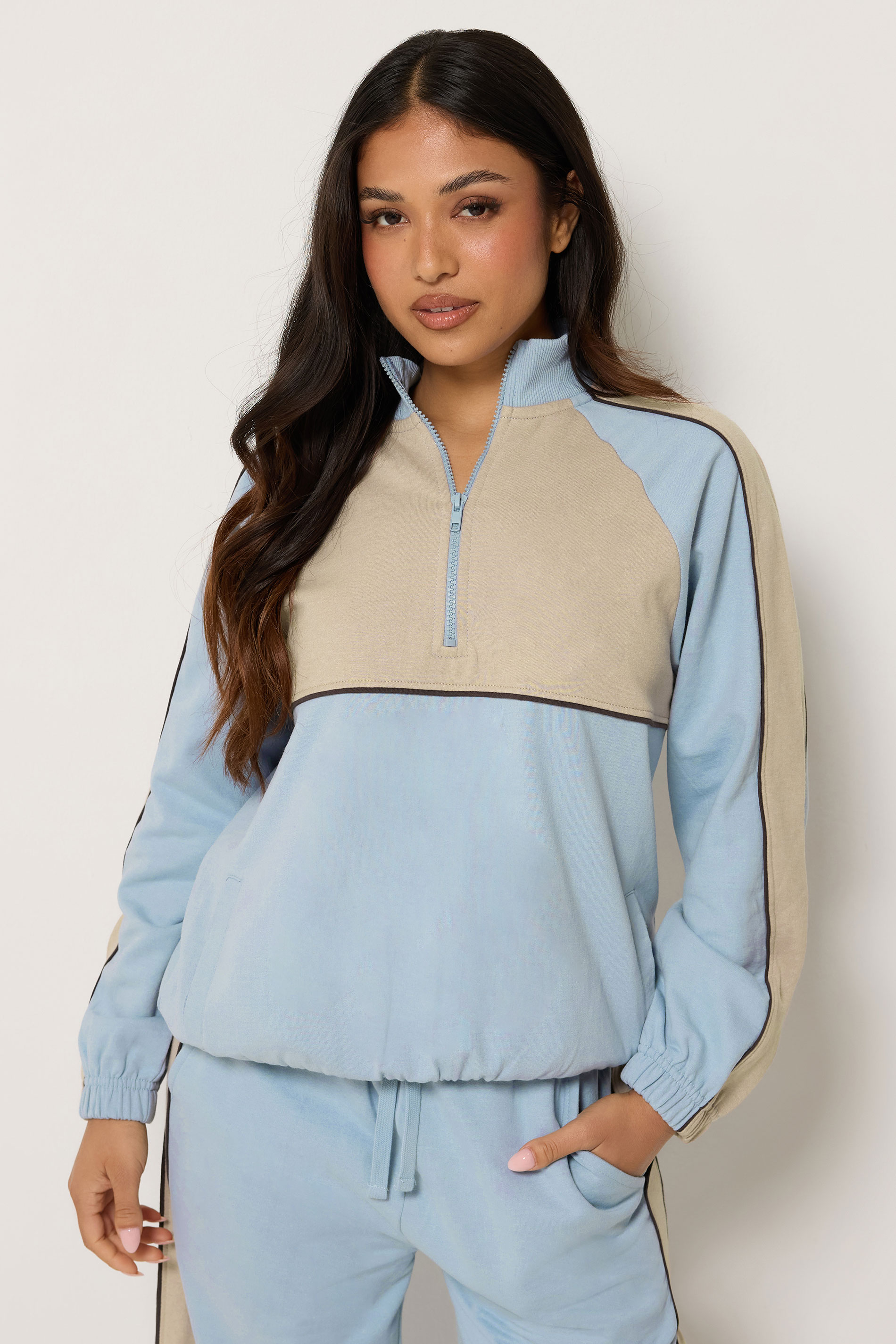 Pixiegirl Women's Blue Petite & Brown Colourblock Quarter Zip Sweatshirt Size 8