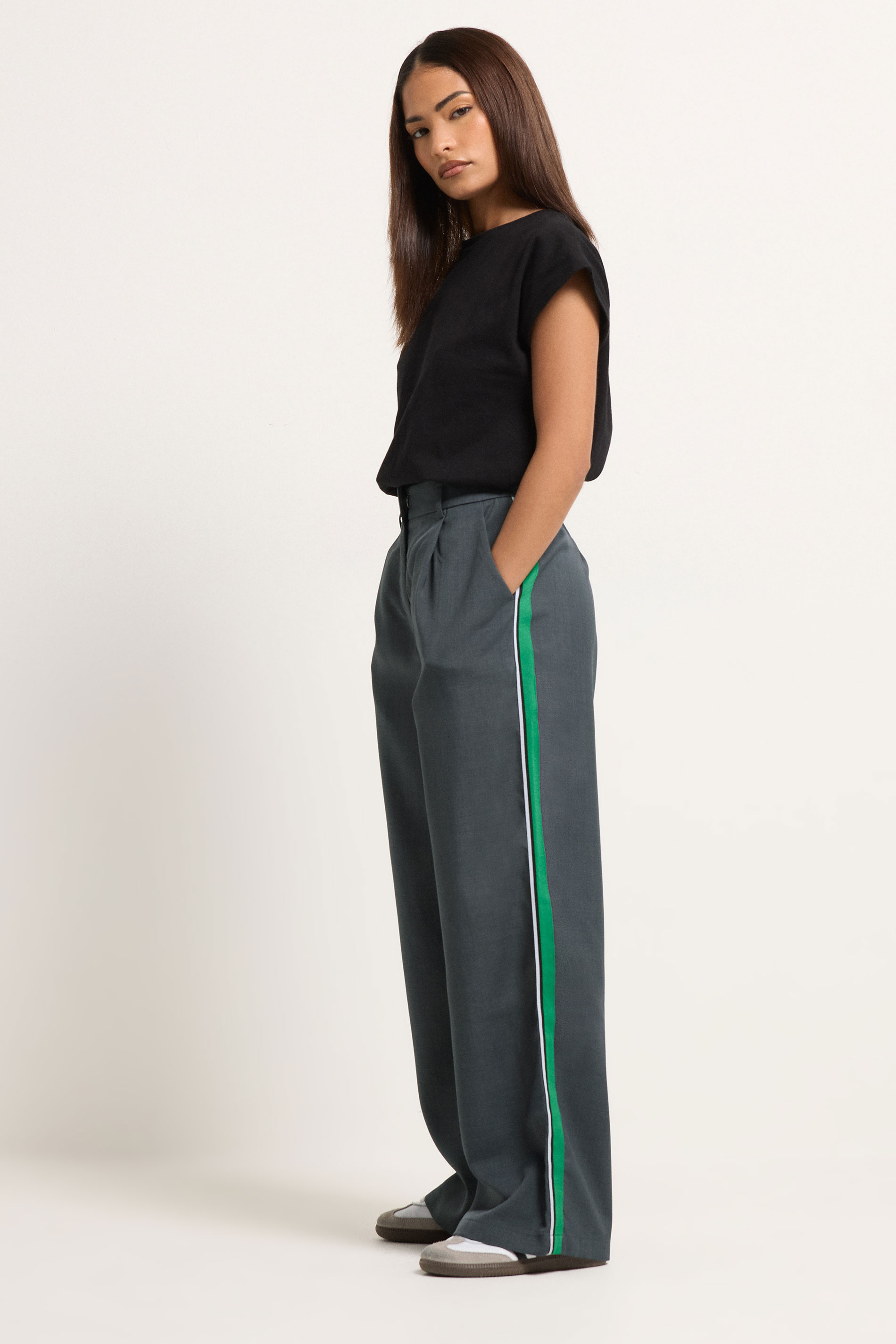 Pixiegirl Women's Grey Petite & Green Striped Formal Trousers Size Petite > 10