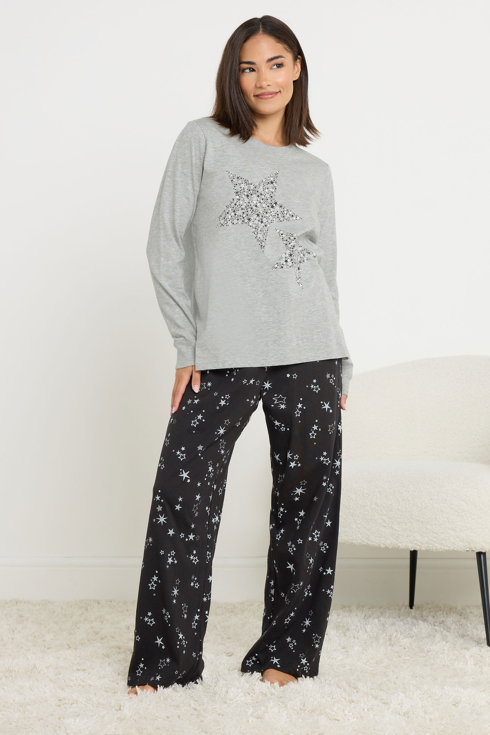 PixieGirl Petite Women's Black Star Graphic Wide Leg Pyjama Set | PixieGirl 2