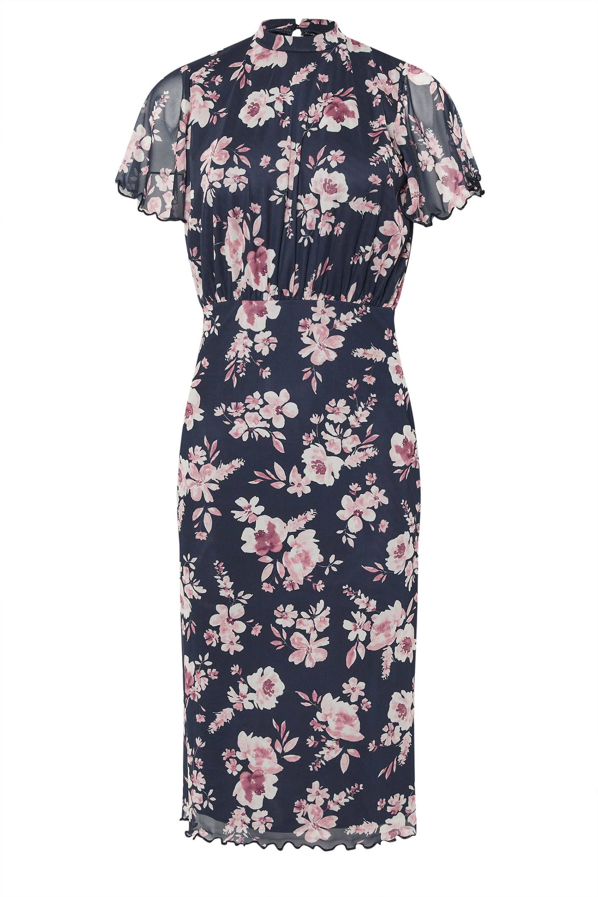 PixieGirl Petite Women's Navy Blue Floral Print Flutter Sleeve Dress | PixieGirl 5