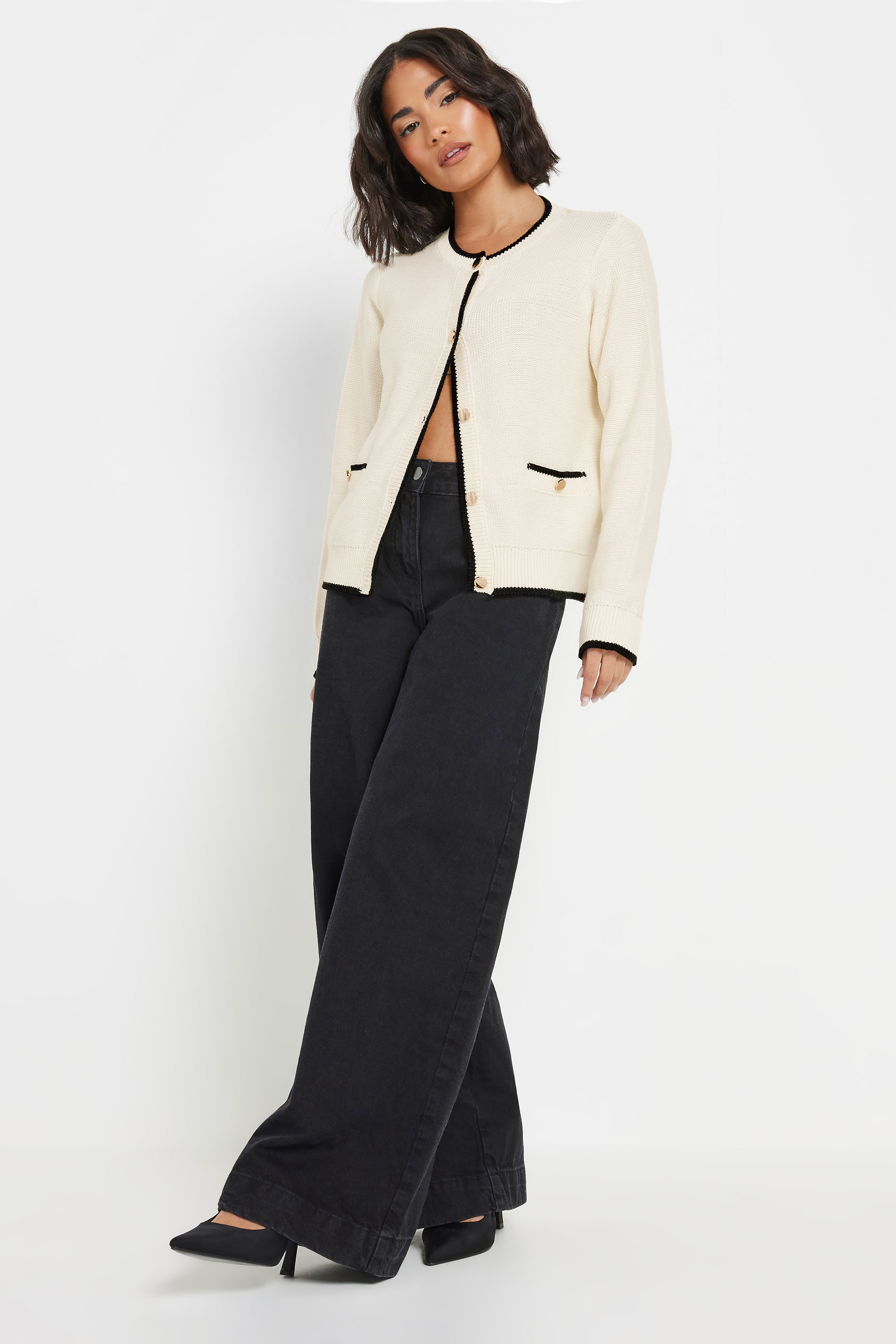 PixieGirl Petite Women's Cream Knitted Contrast Trim Button Cardigan | PixieGirl 5