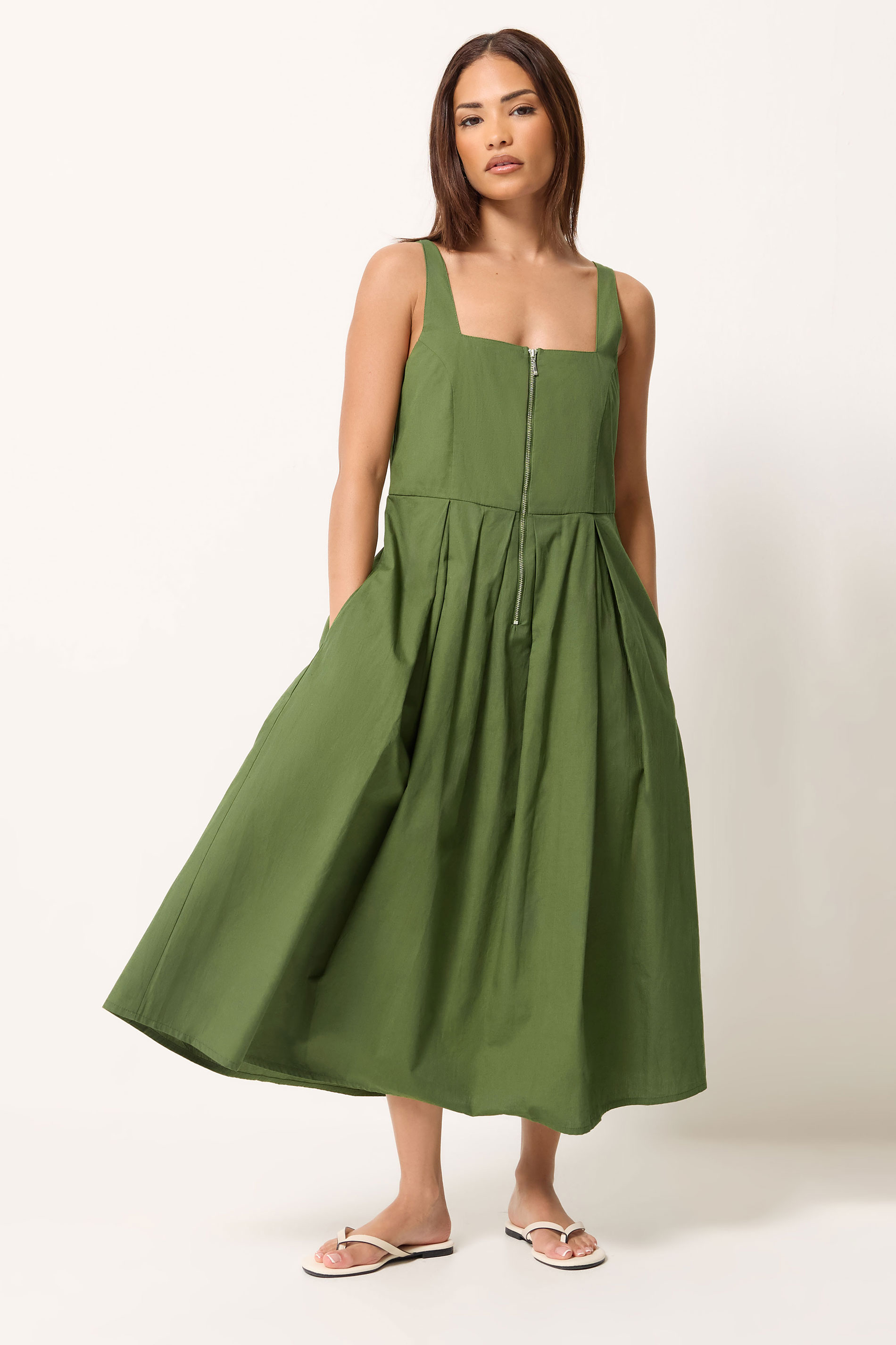 Pixiegirl Women's Green Petite Khaki Pleated Midi Dress Size 10