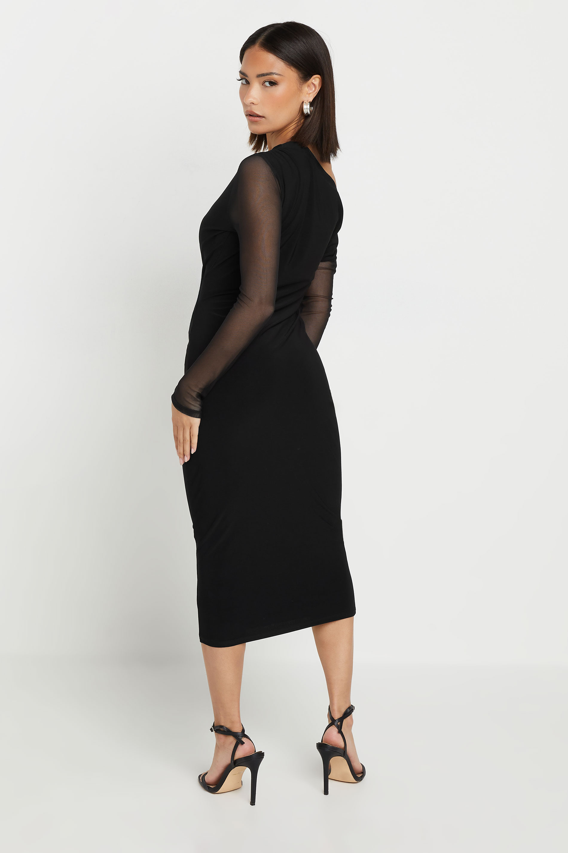 PixieGirl Petite Women's Black Mesh One Shoulder Midi Dress | PixieGirl 3