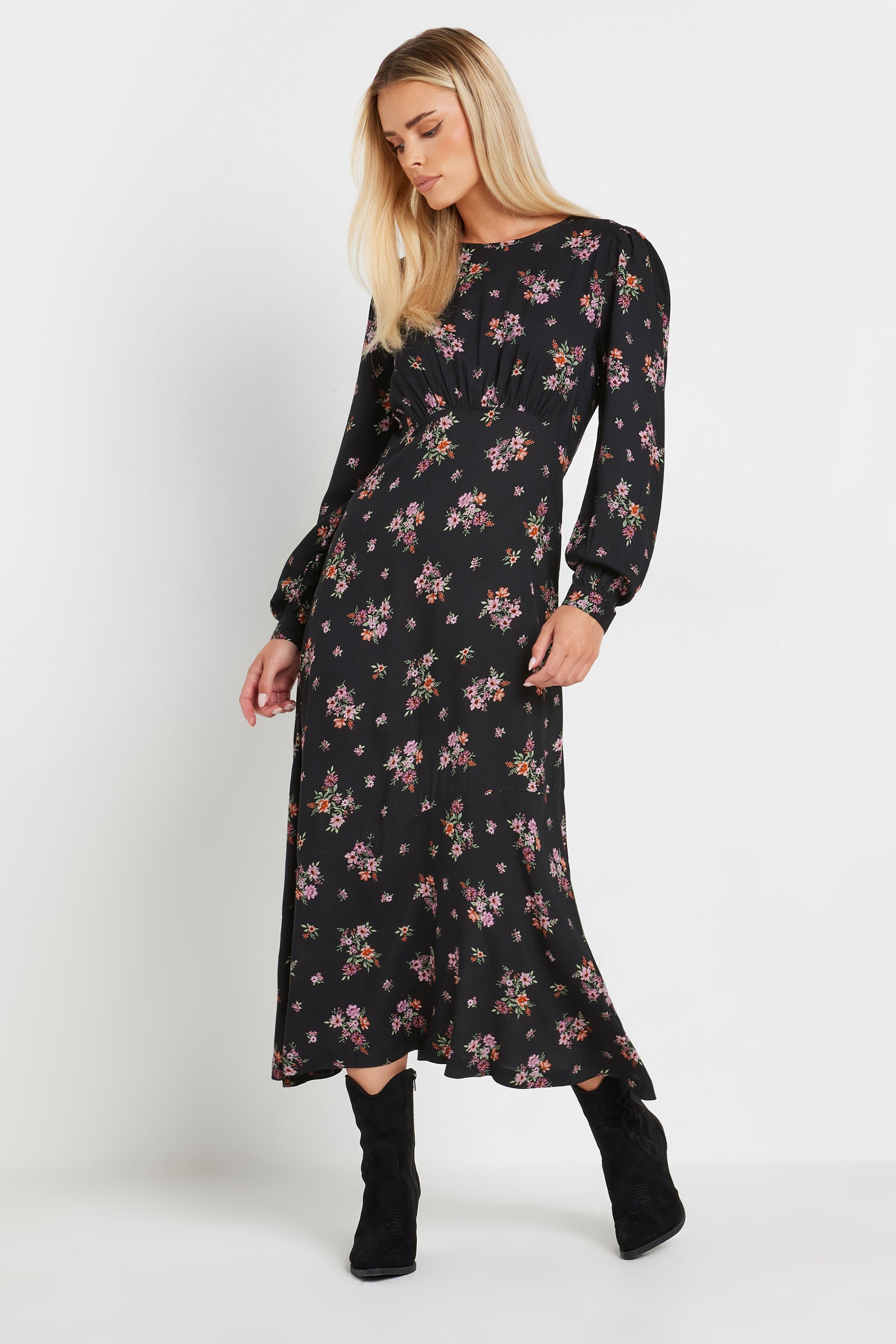PixieGirl Petite Women's Black Floral Print Long Sleeve Midaxi Dress | PixieGirl 4