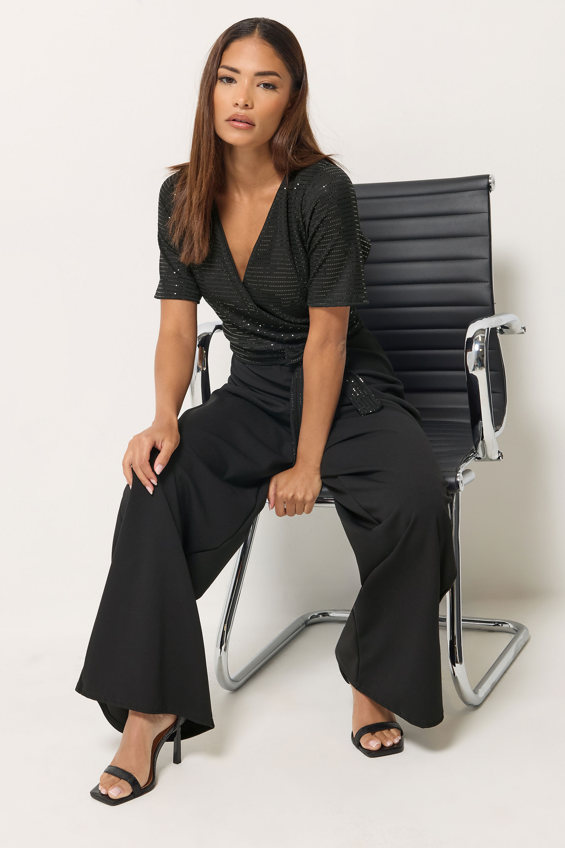 Pixiegirl Women's Black Petite Sequin Wrap Wide Leg Jumpsuit Size 12