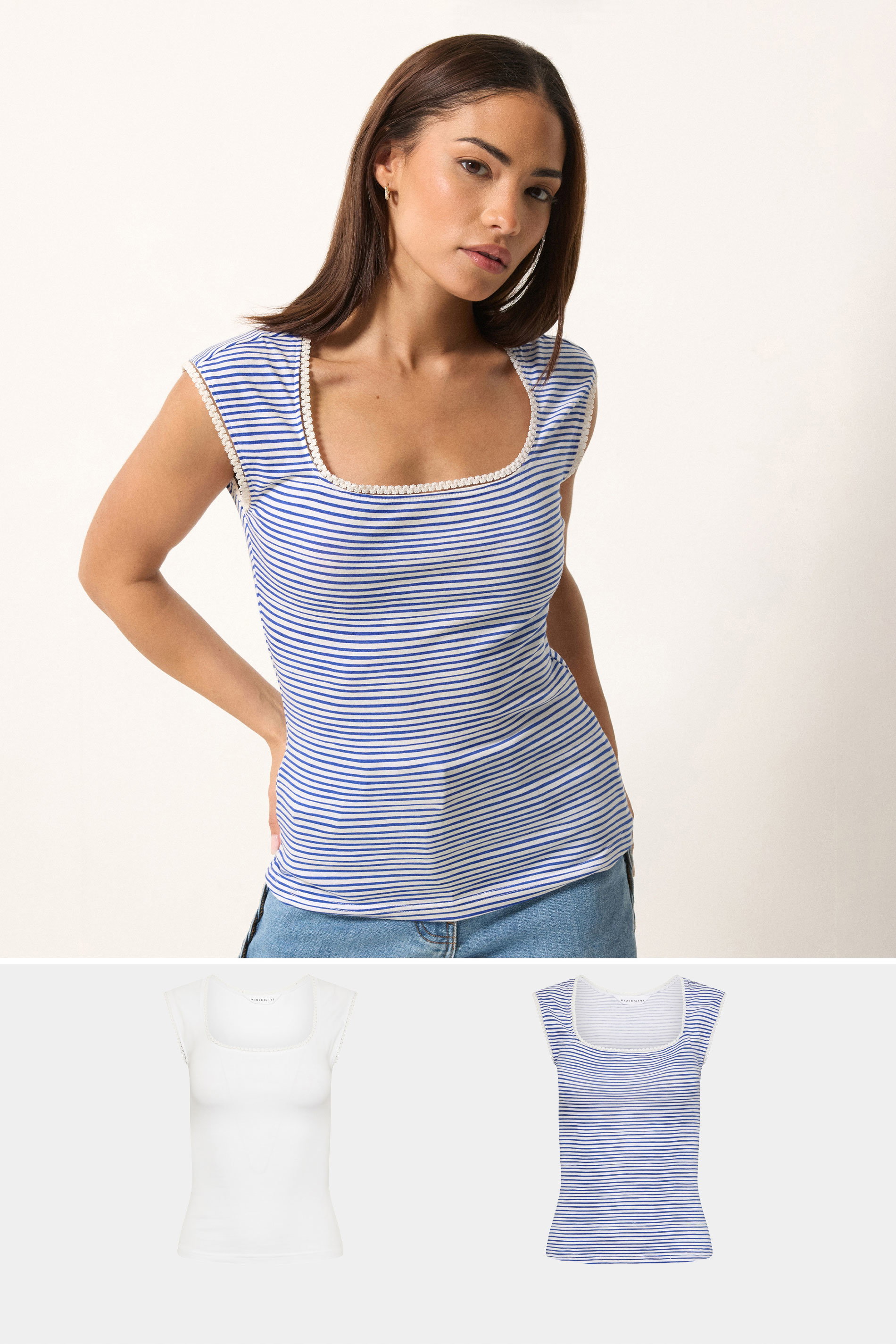 Pixiegirl Women's White Petite 2 Pack & Blue Stripe Cotton Vest Top Size 16