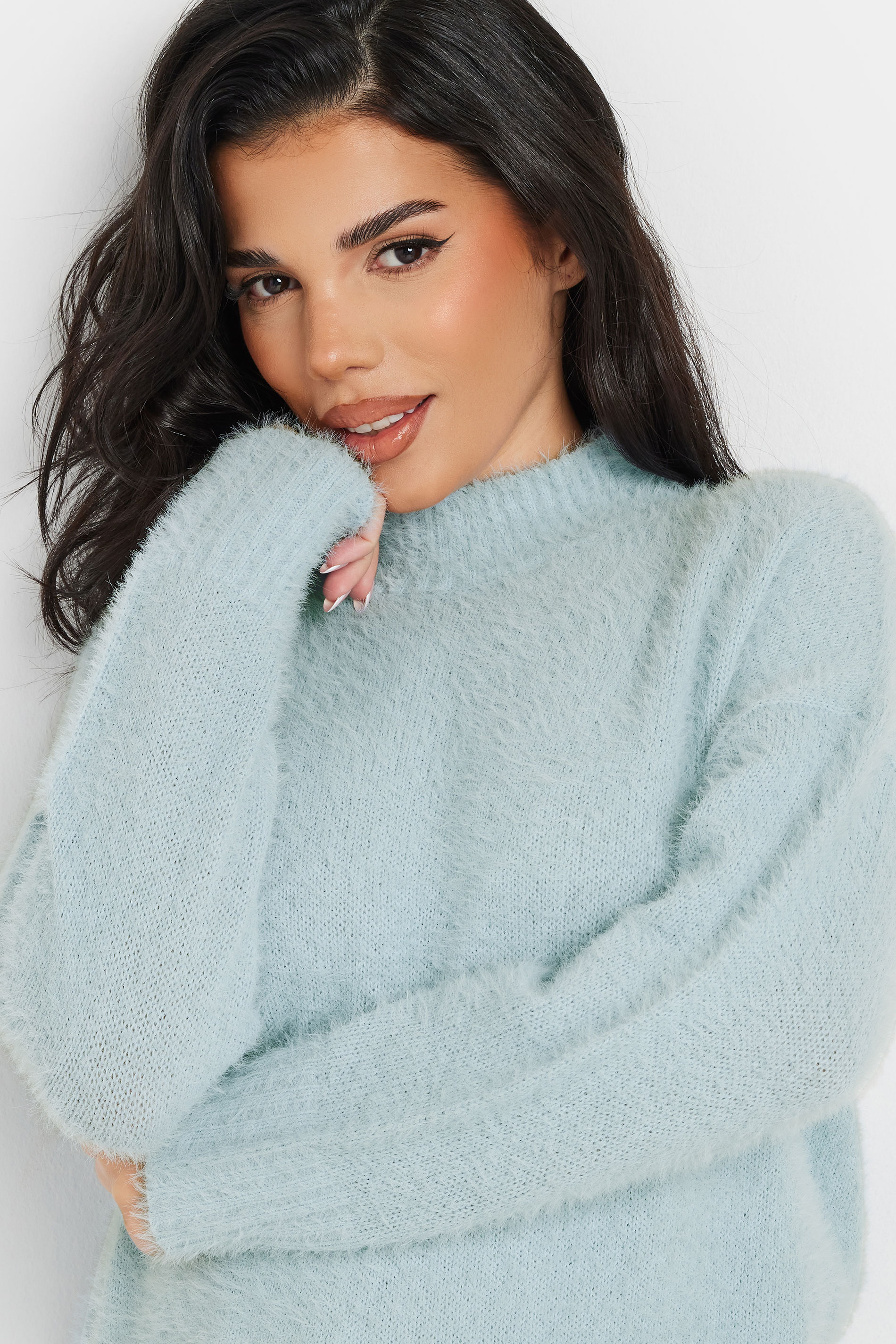 PixieGirl Petite Women's Blue Fluffy Knitted High Neck Jumper | PixieGirl 5
