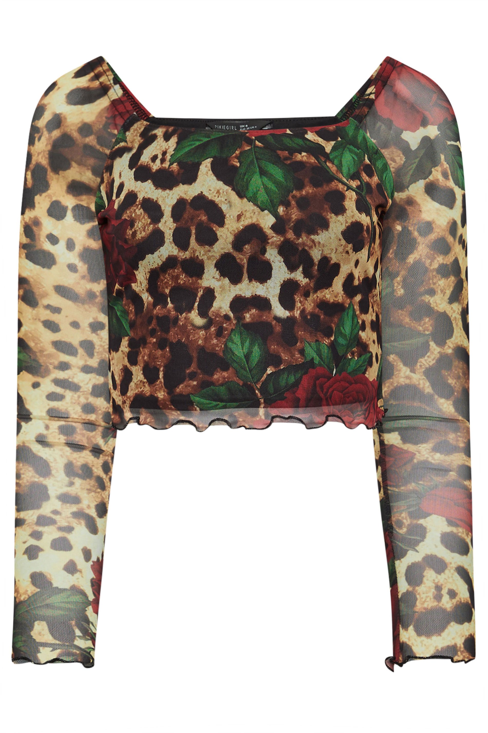 PixieGirl Petite Women's Beige Brown Leopard Print Rose Mesh Top | PixieGirl 4