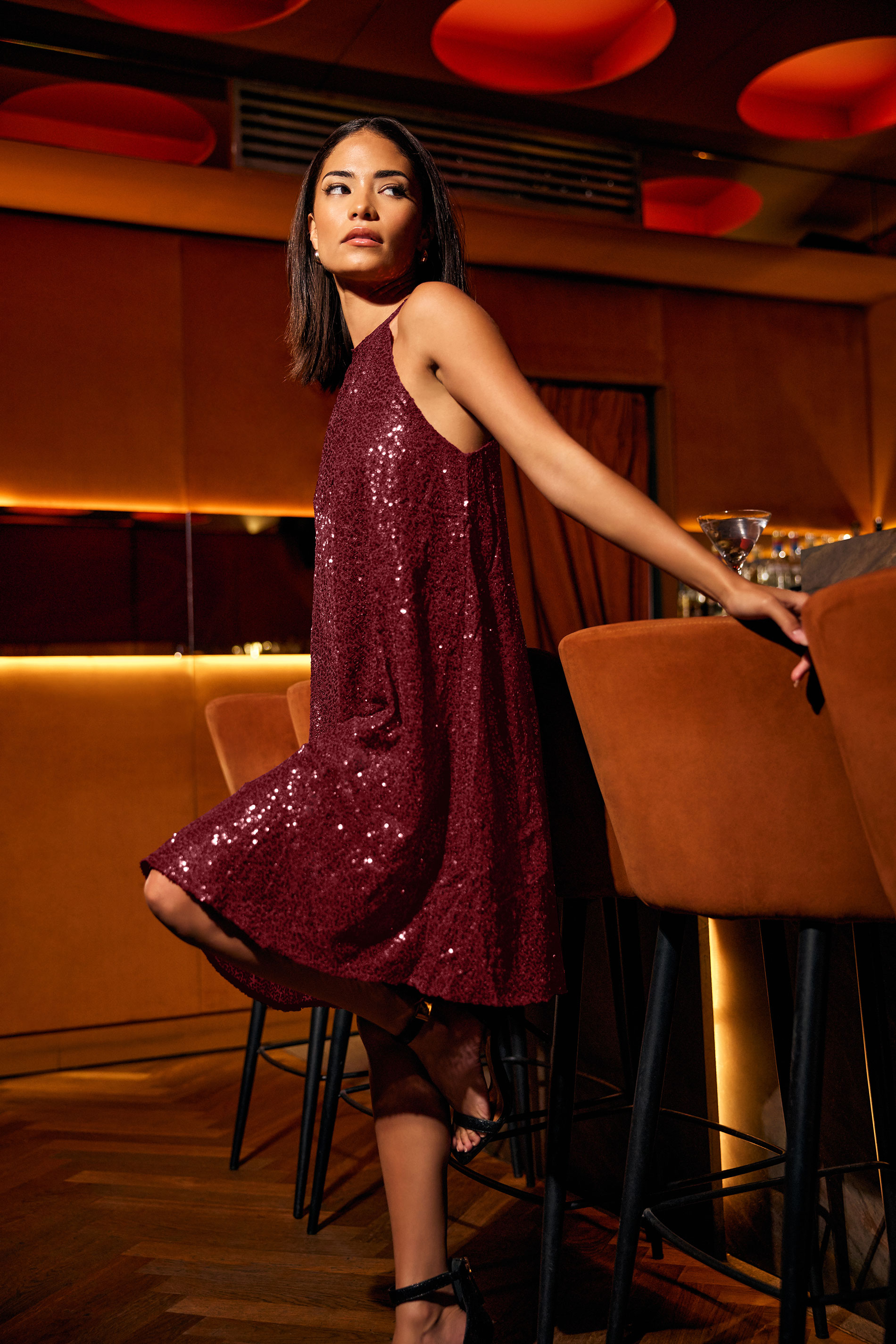 PixieGirl Petite Women's Burgundy Red Sequin Embellished Halter Neck Dress | PixieGirl 1