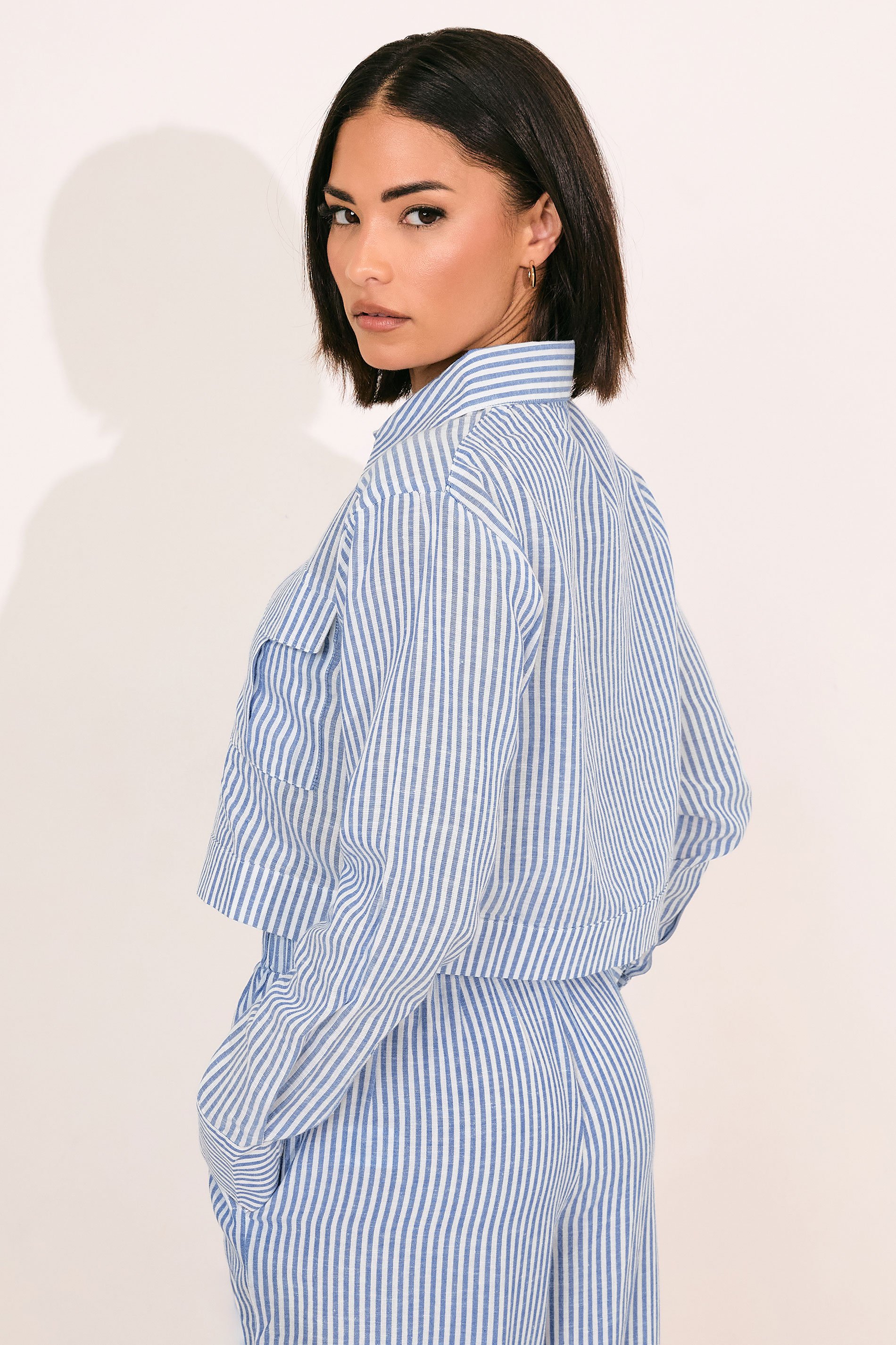 PixieGirl Petite Women's Blue Linen Striped Pocket Shirt | PixieGirl 4