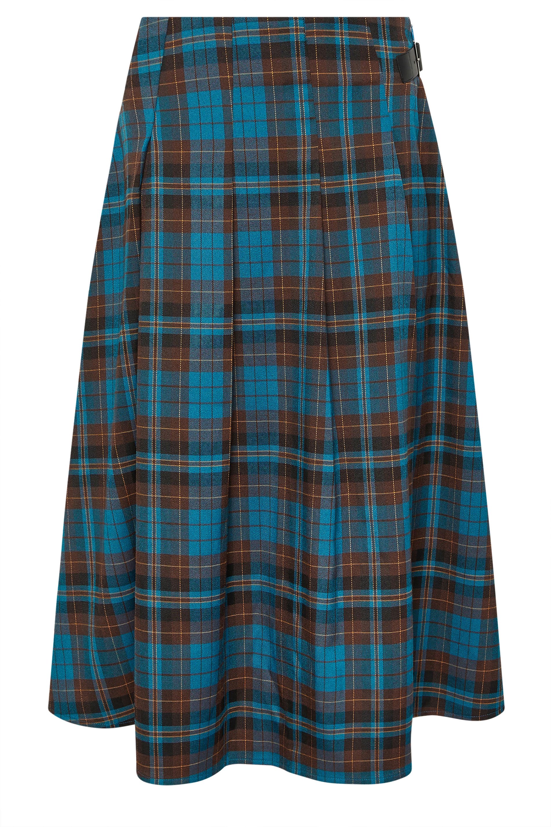 PixieGirl Petite Women's Brown & Blue Check Buckle Midi Skirt | PixieGirl 6