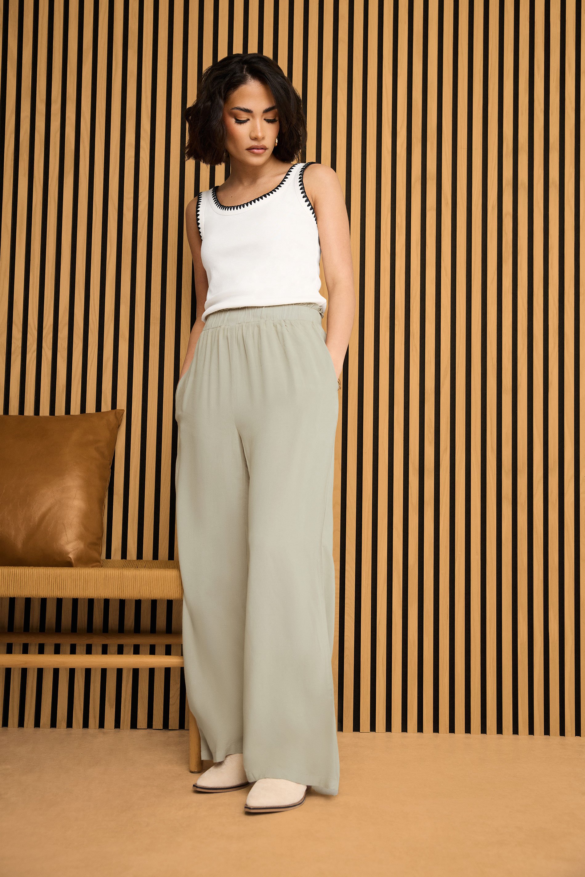 PixieGirl Petite Women's Natural Brown Acid Wash Wide Leg Trousers | PixieGirl 1