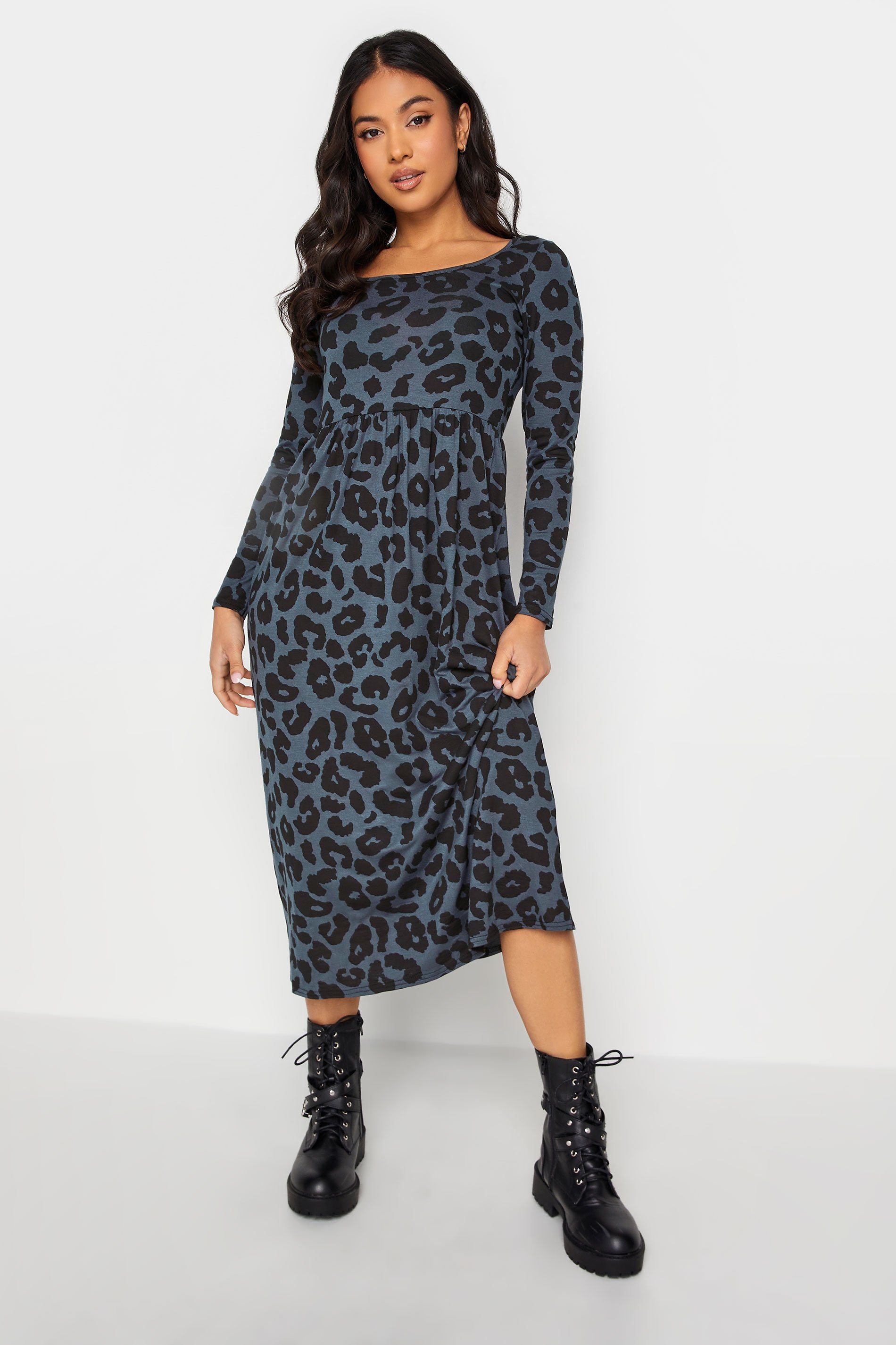 Petite Grey Leopard Print Long Sleeve Midi Dress | PixieGirl 1