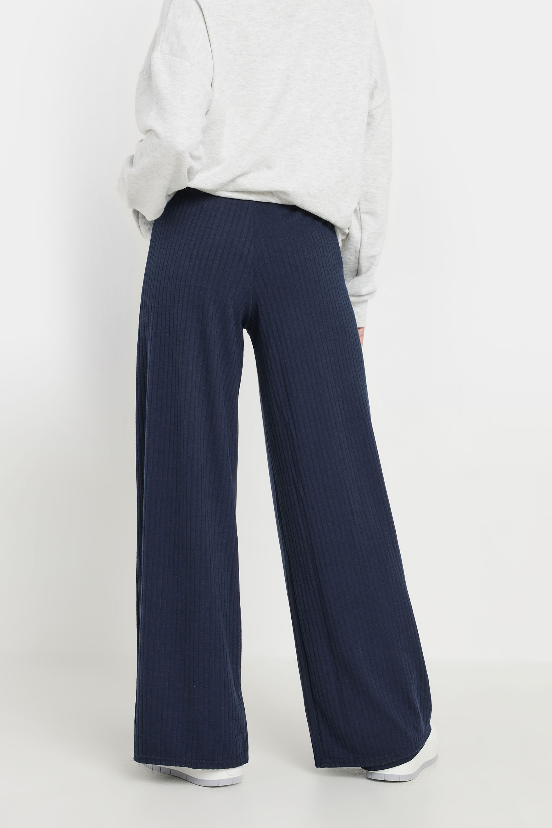 PixieGirl Petite Womens Navy Blue Ribbed Wide Leg Trousers | PixieGirl 3