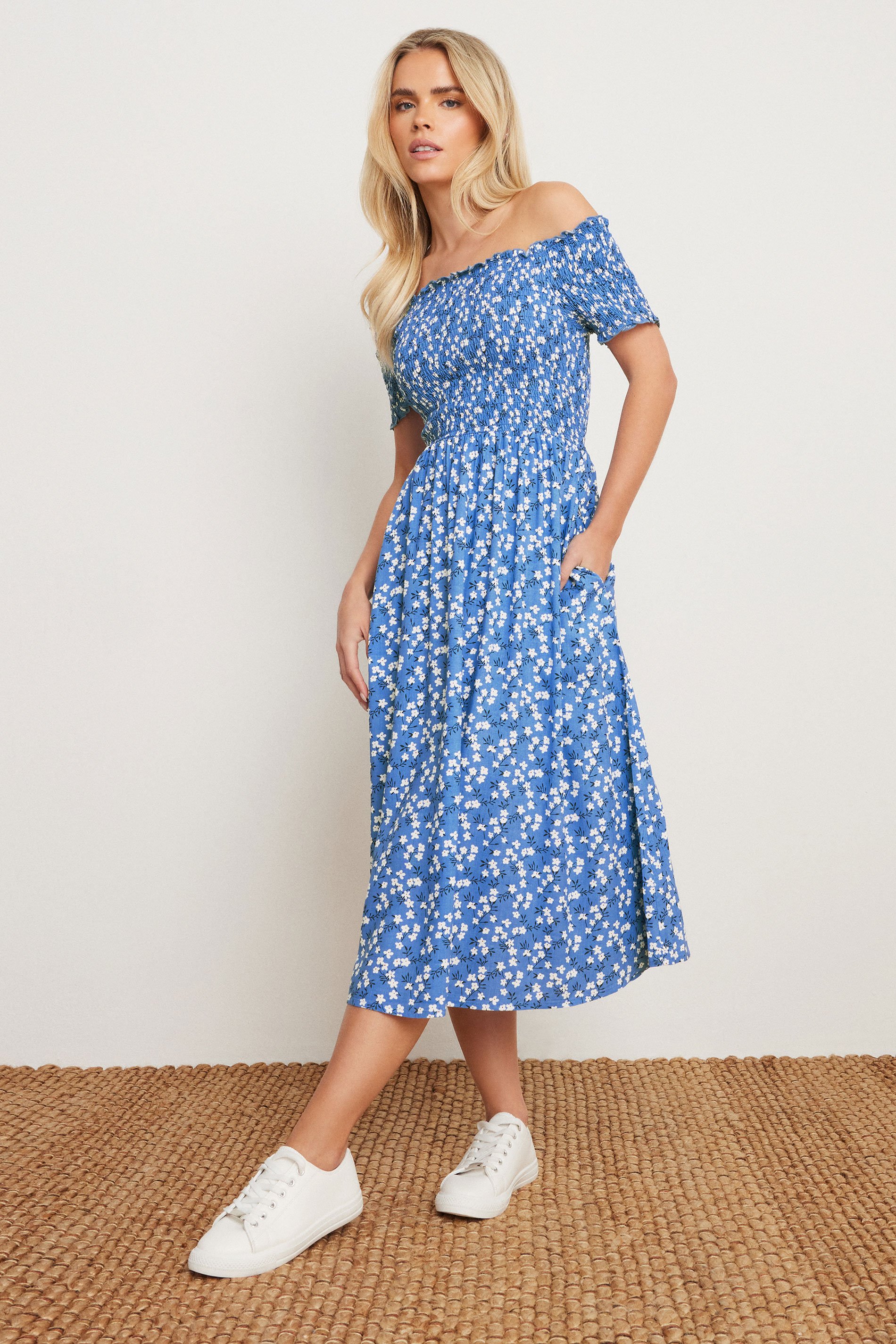 PixieGirl Petite Women's Blue Ditsy Floral Bardot Midi Dress | PixieGirl 1