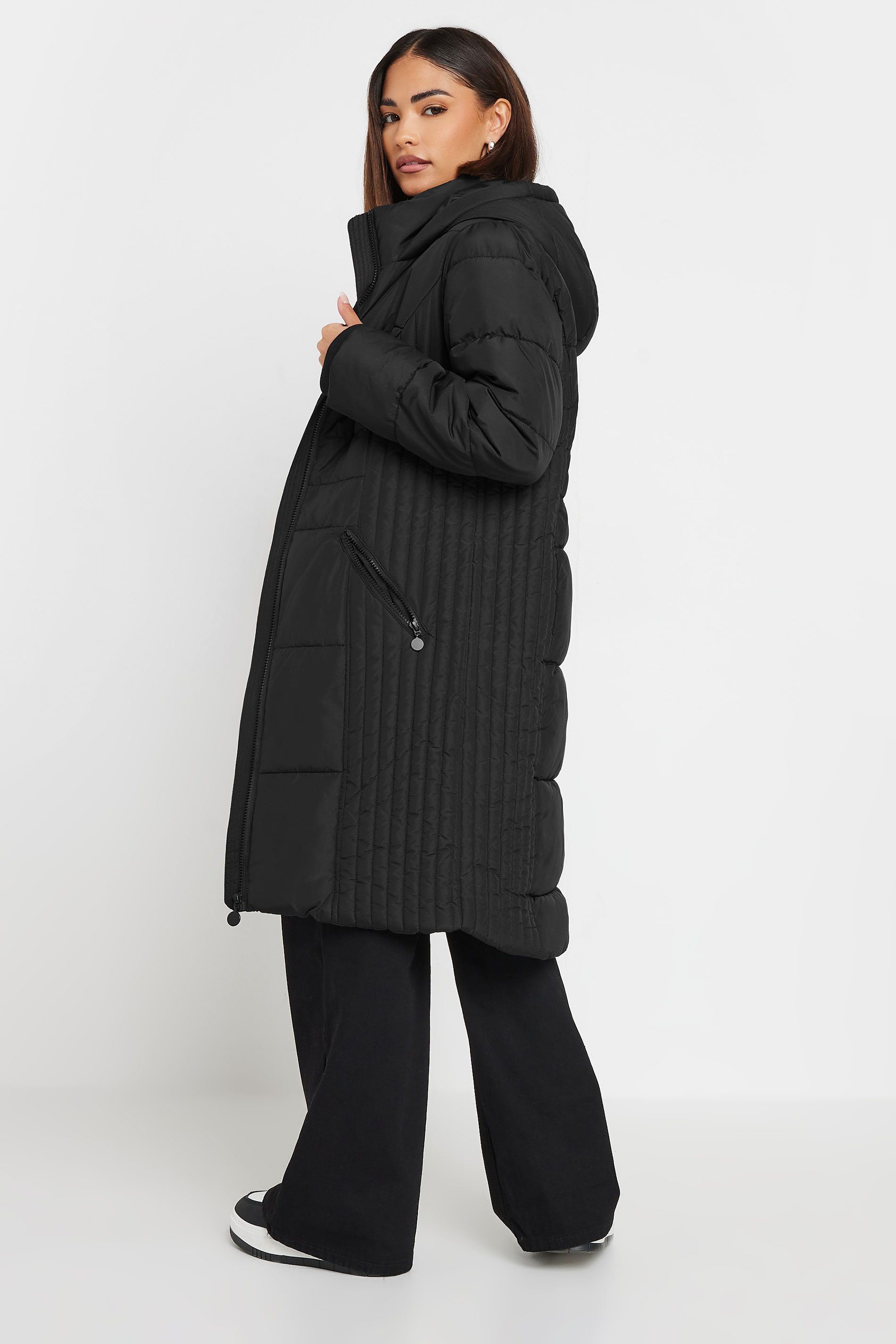 PixieGirl Petite Women's Black Sporty Zip Through Midi Padded Coat | PixieGirl 3