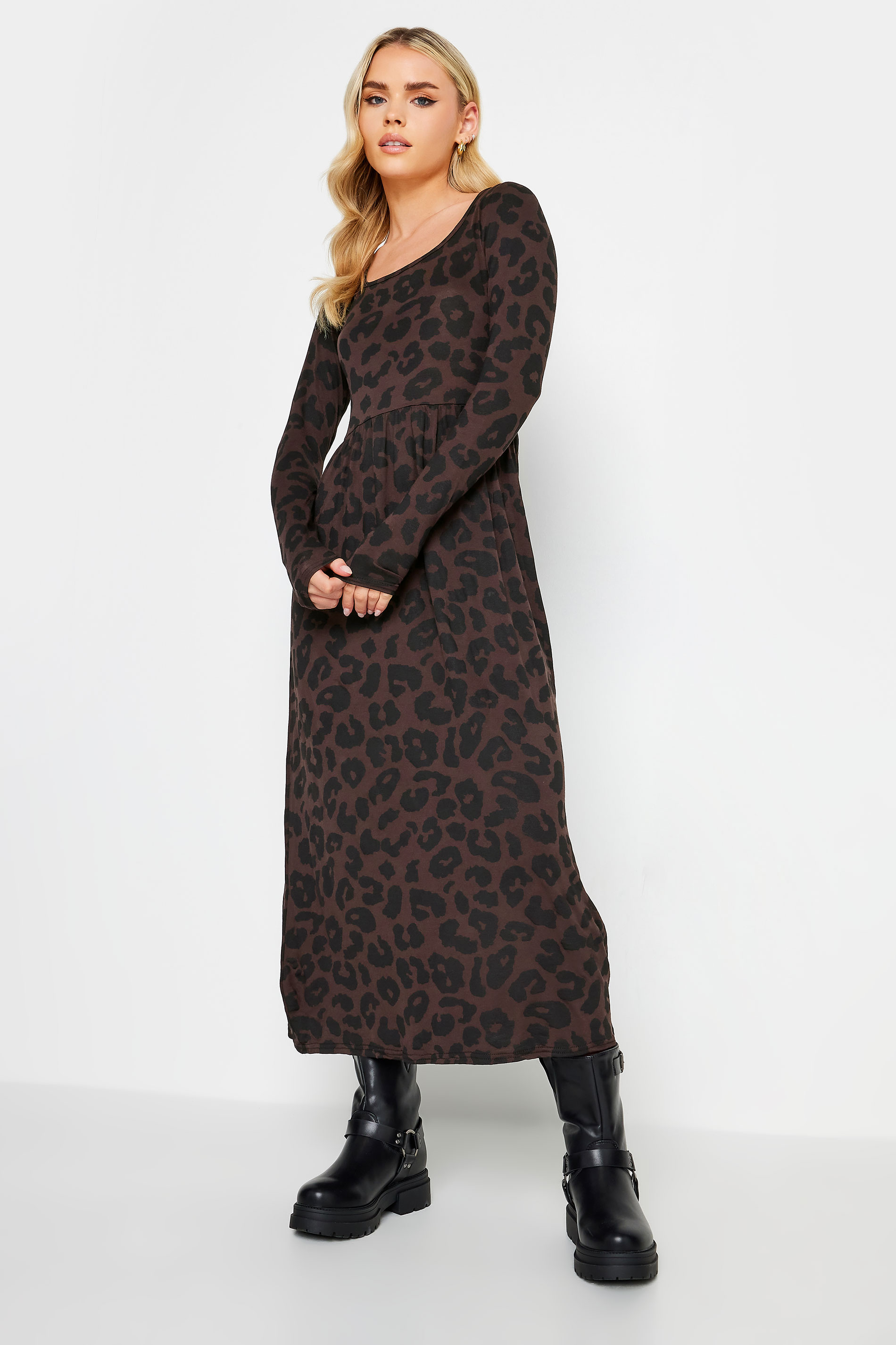 PixieGirl Petite Brown Leopard Print Long Sleeve Midi Dress | PixieGirl  1