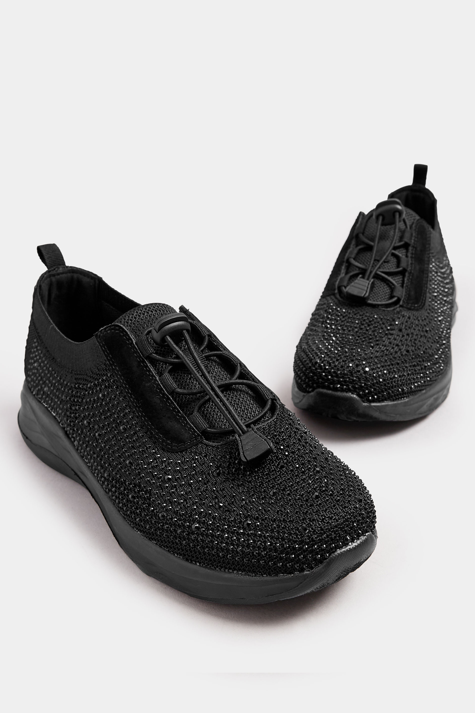 Black Diamante Embellished Drawcord Trainers In Extra Wide EEE Fit | Yours Clothing 5