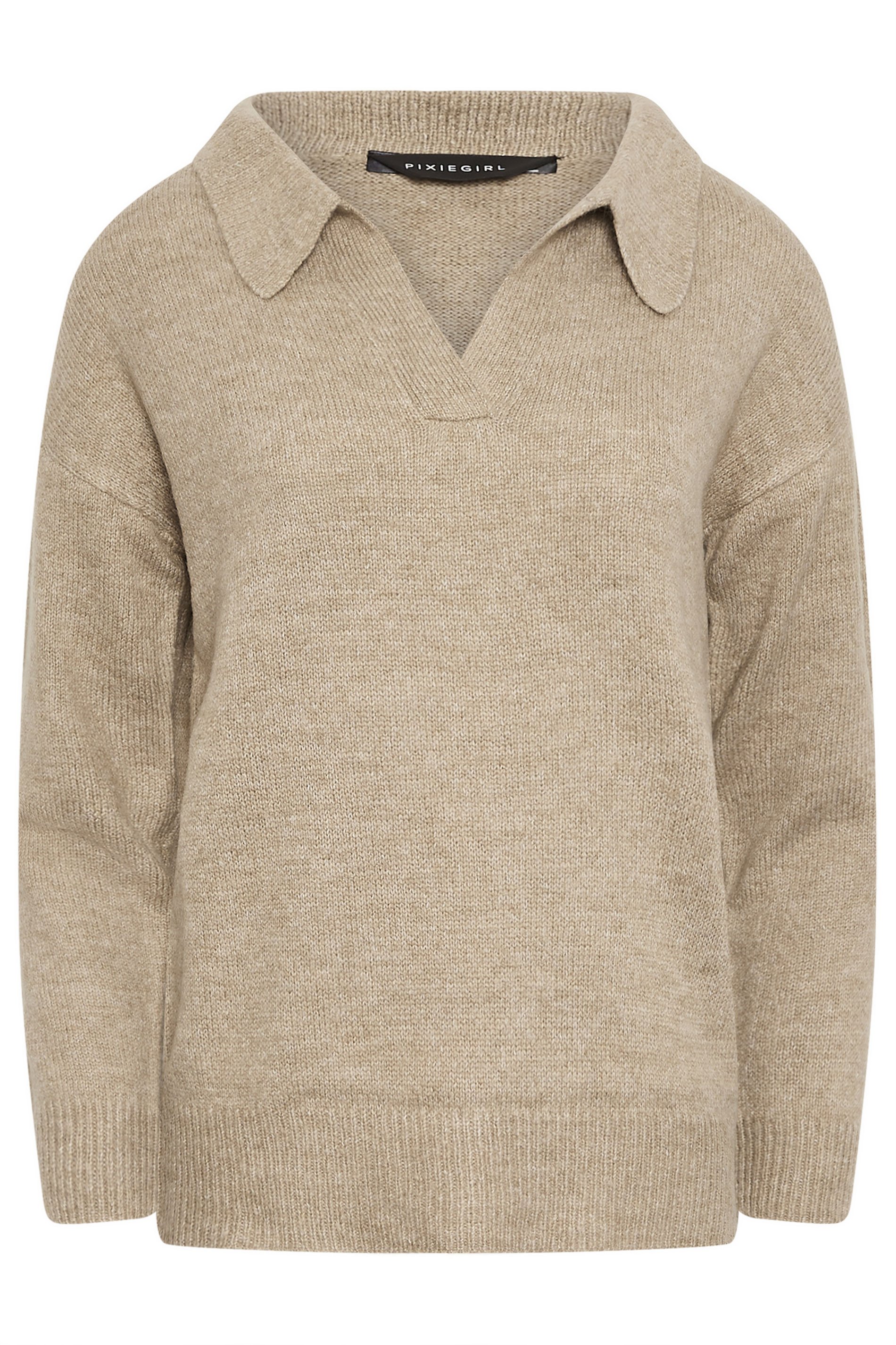 PixieGirl Beige Brown Open Collar Jumper | PixieGirl  7