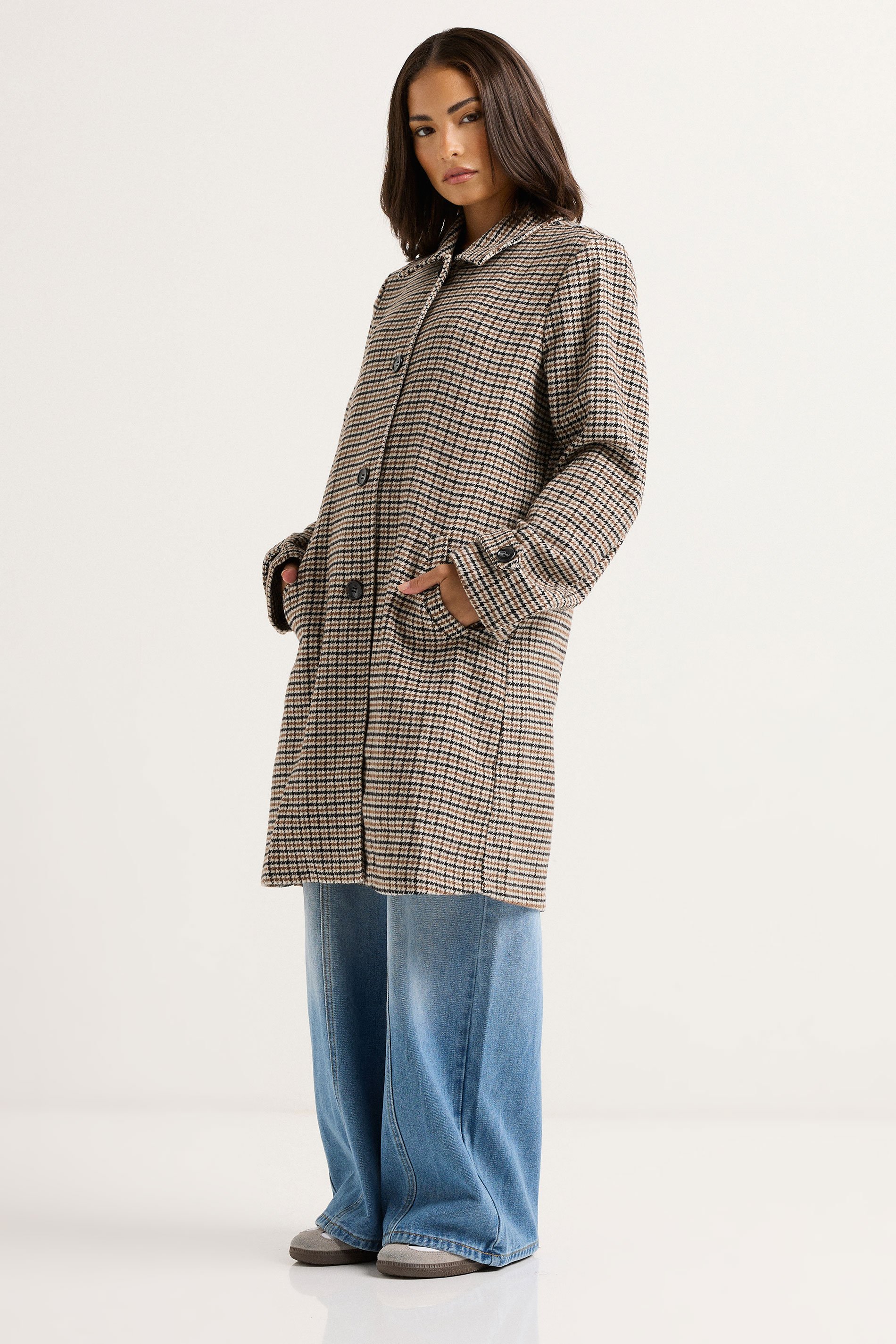PixieGirl Petite Women's Beige Brown Check Midi Coat | PixieGirl 3