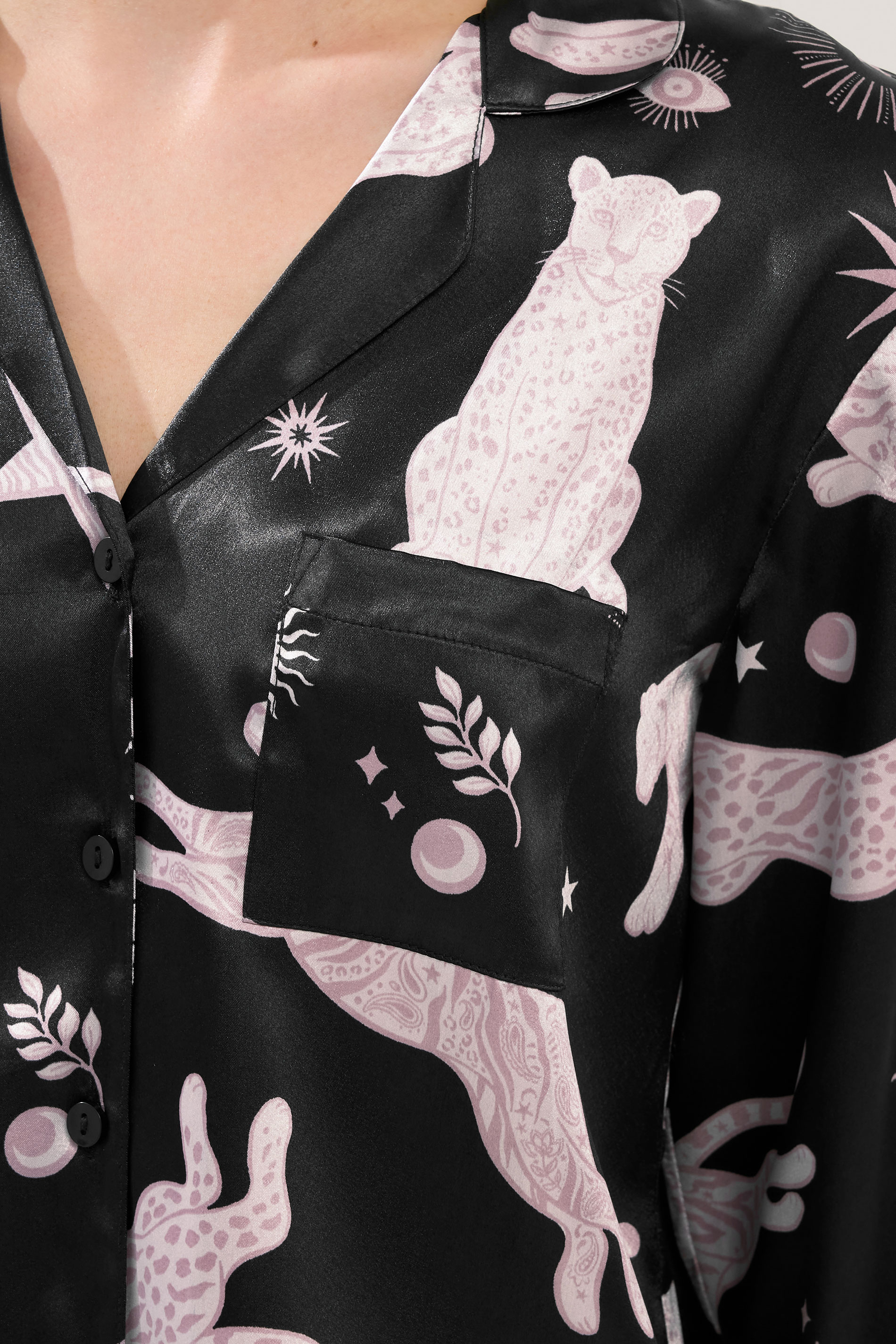 PixieGirl Petite Women's Black Graphic Satin Button Pyjama Set | PixieGirl 4