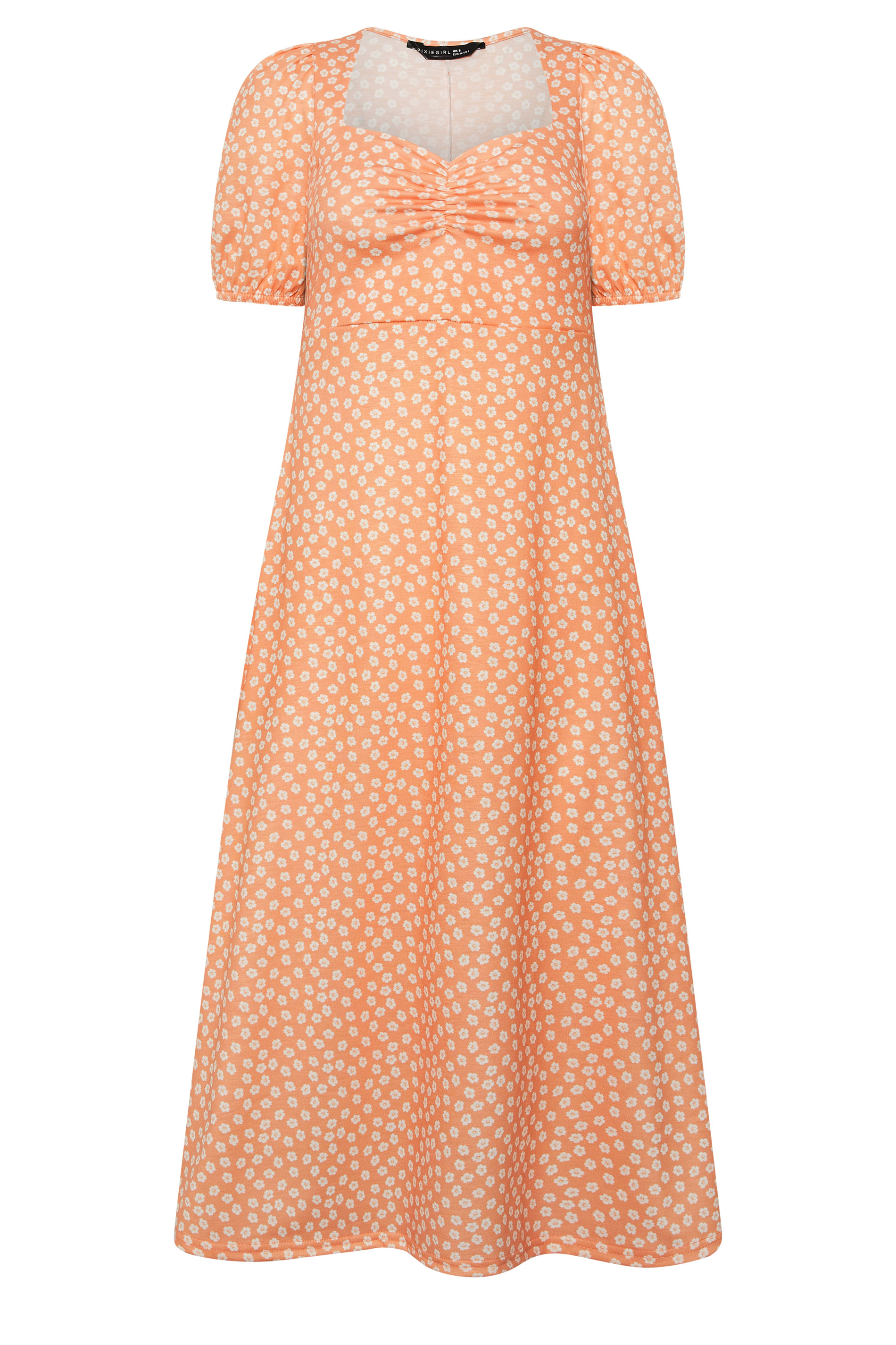 PixieGirl Petite Women's Orange Floral Ruched Midi Dress | PixieGirl