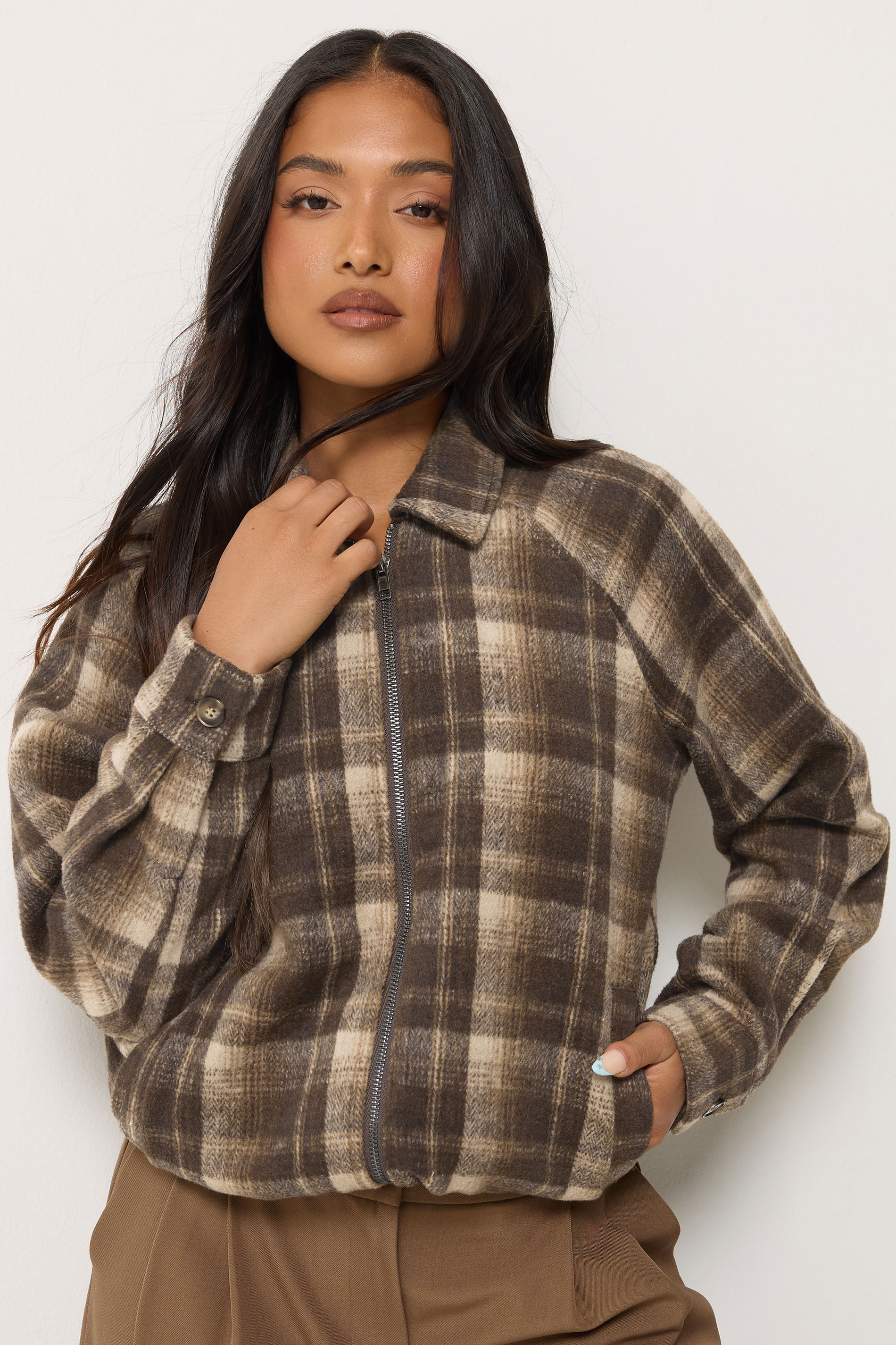 Pixiegirl Women's Brown Petite Check Bomber Jacket Size 8