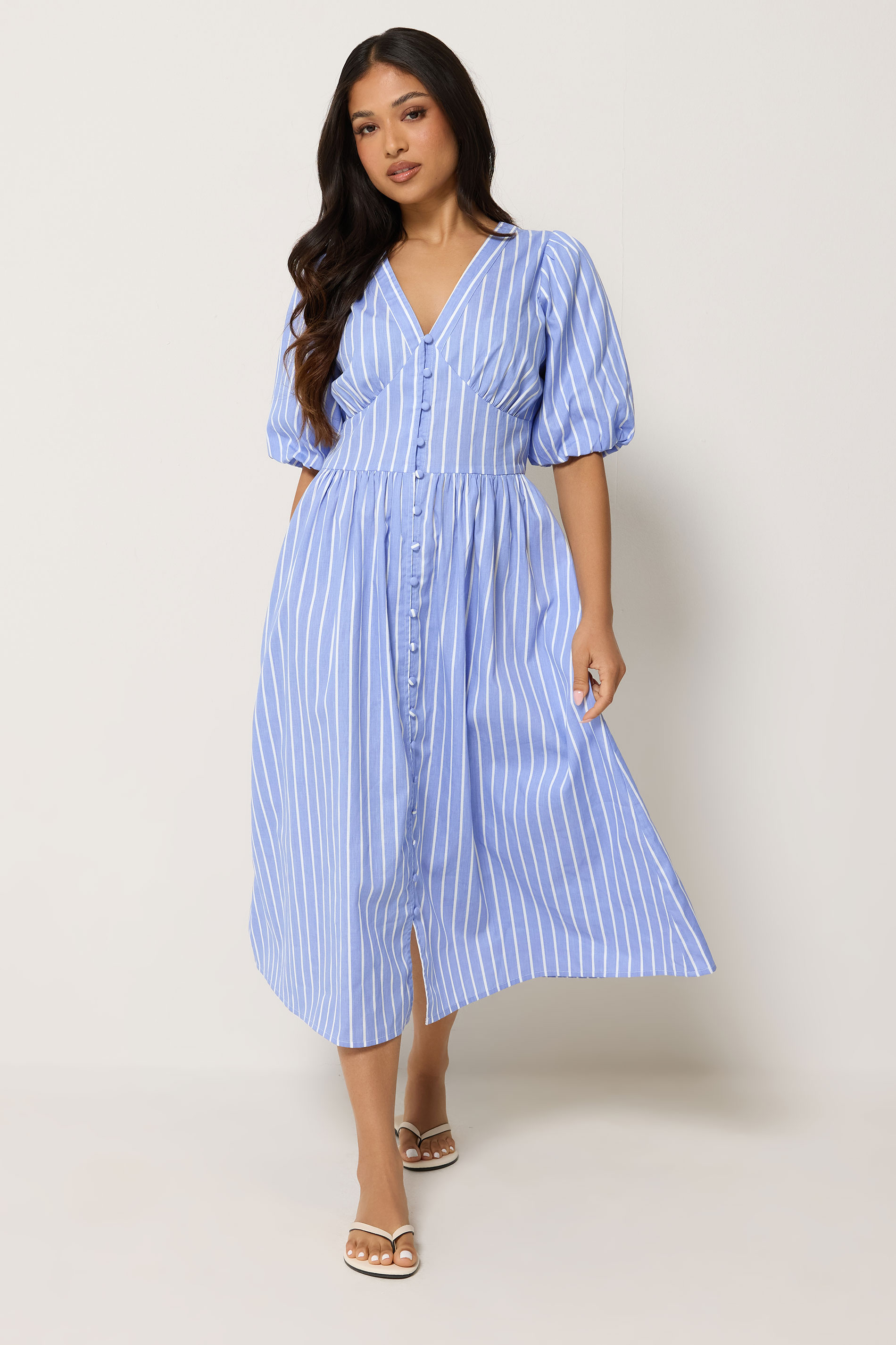 PixieGirl Petite Women's Blue Stripe Button Midi Dress | PixieGirl  1