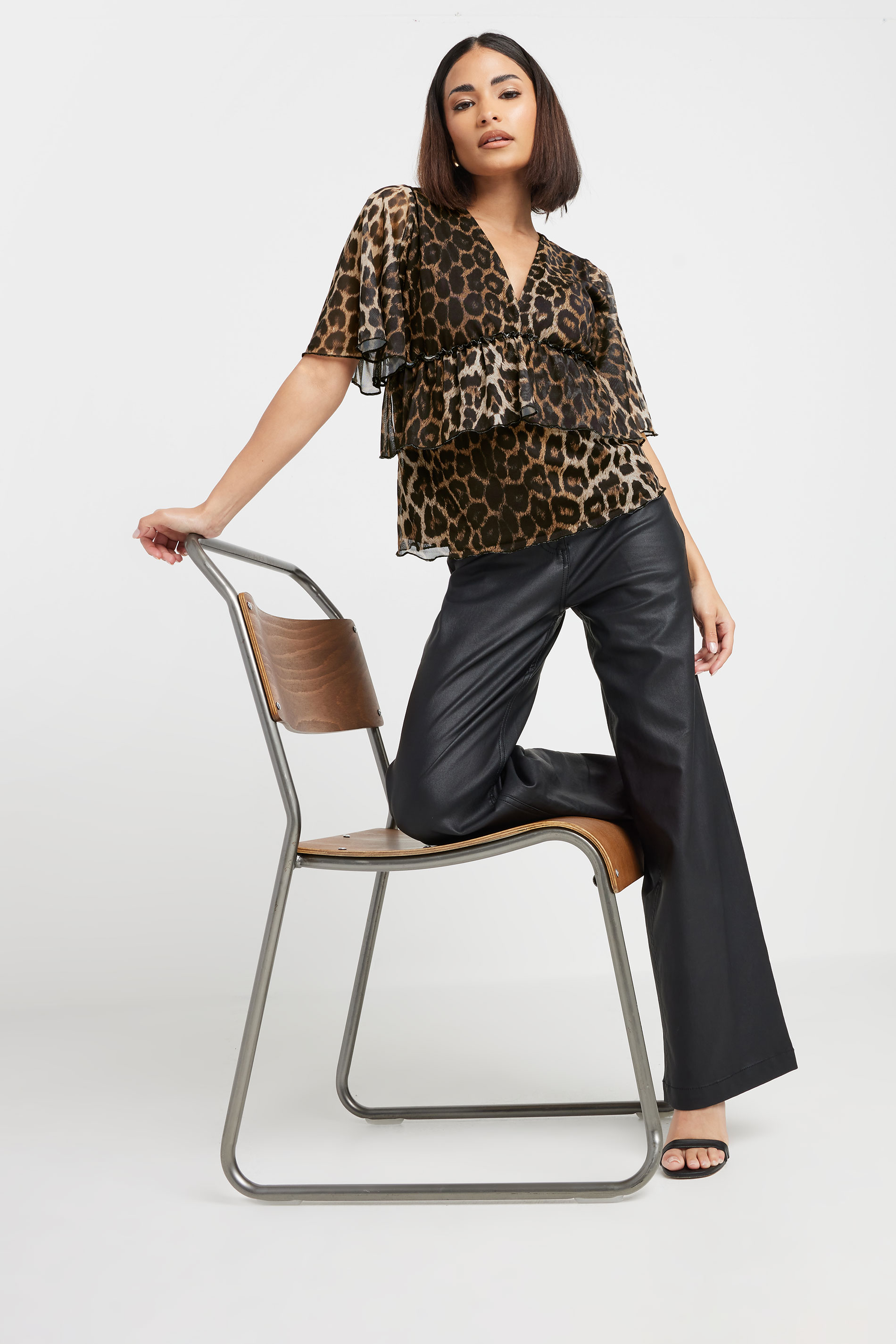 PixieGirl Petite Women's Brown Leopard Print Mesh Frill Smock Top | PixieGirl 2