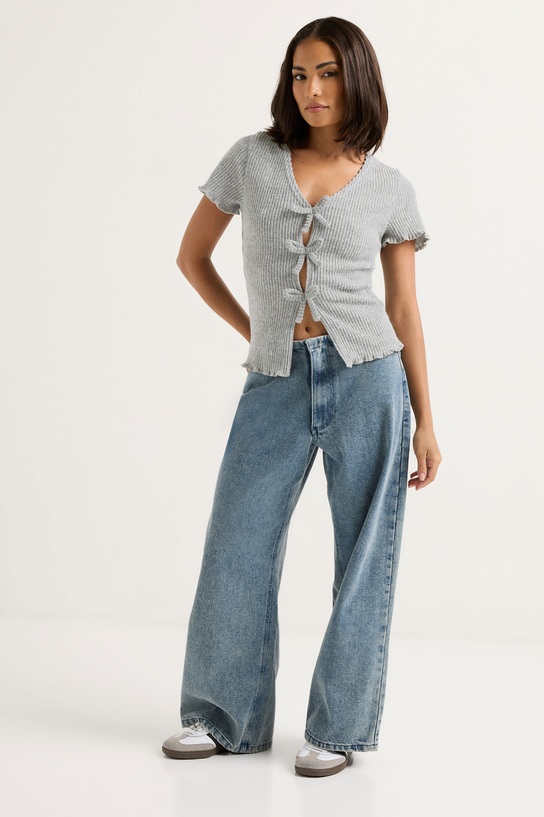 PixieGirl Petite Women's Grey Soft Touch Bow Front Top | PixieGirl 2