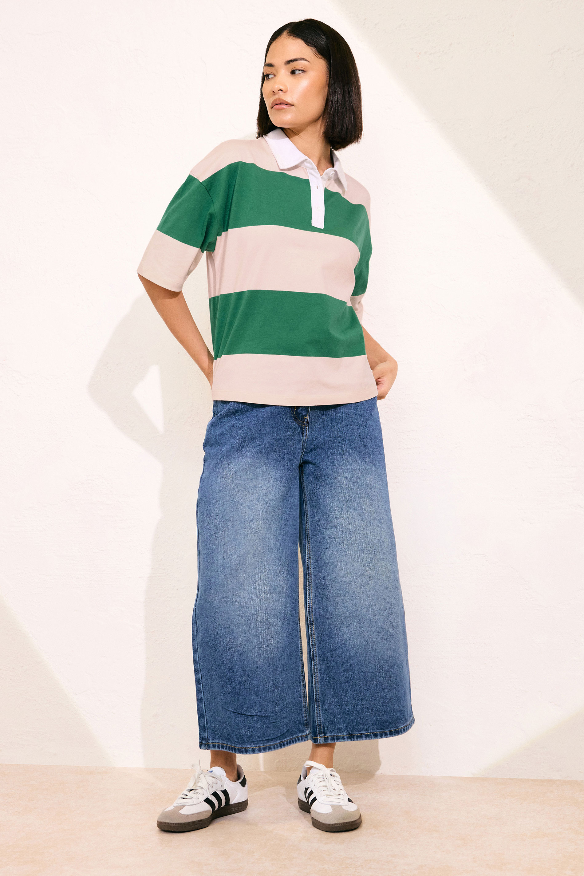 PixieGirl Petite Women's Green & Pink Cotton Striped Rugby Collar T-Shirt | PixieGirl 5