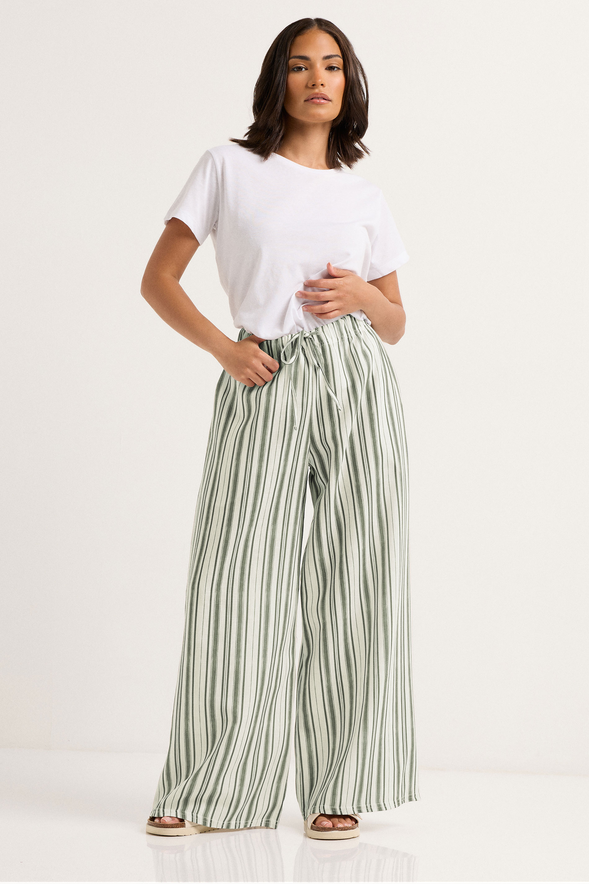 PixieGirl Petite Women's Green Striped Wide Leg Trousers | PixieGirl 1