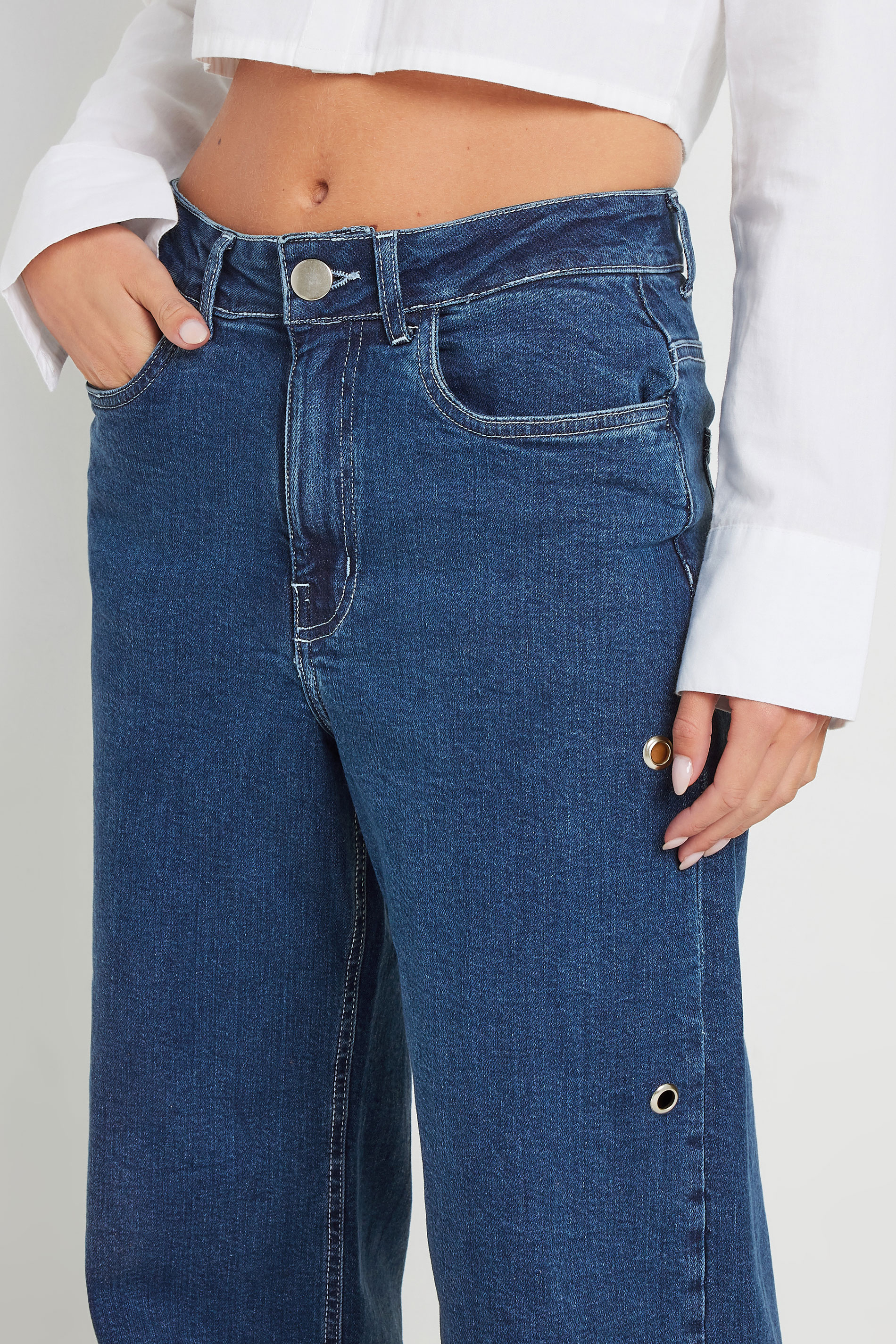 PixieGirl Petite Women's Blue Eyelet Detail Wide Leg Jeans | PixieGirl 4