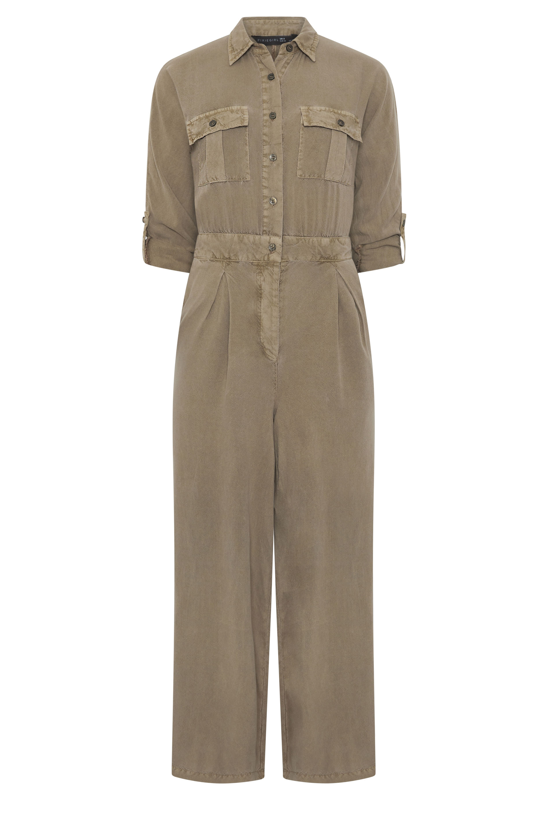 PixieGirl Petite Women's Stone Brown Acid Wash Wide Leg Jumpsuit | PixieGirl 5