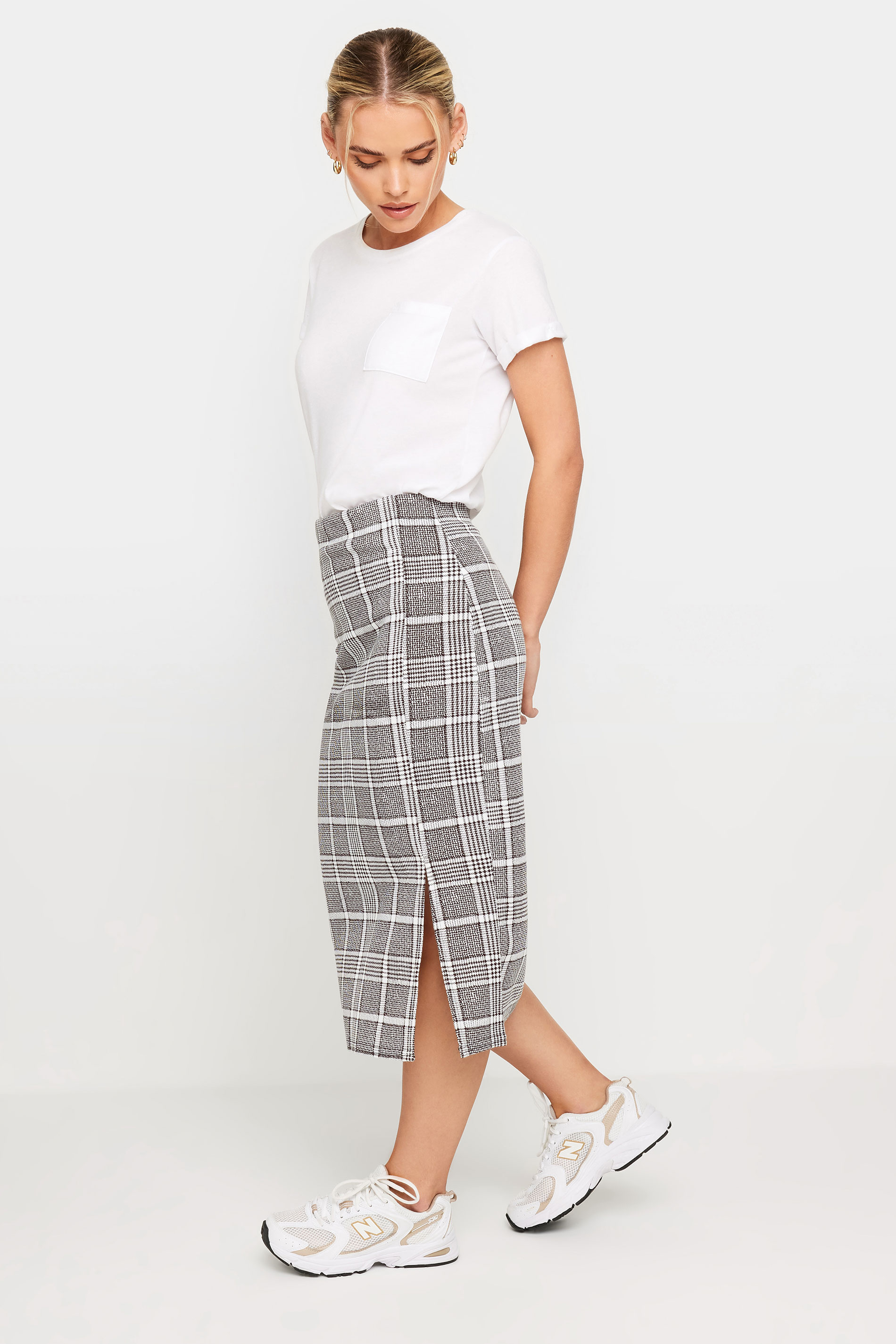 Petite Black & Grey Check Stretch Midi Skirt | PixieGirl 2