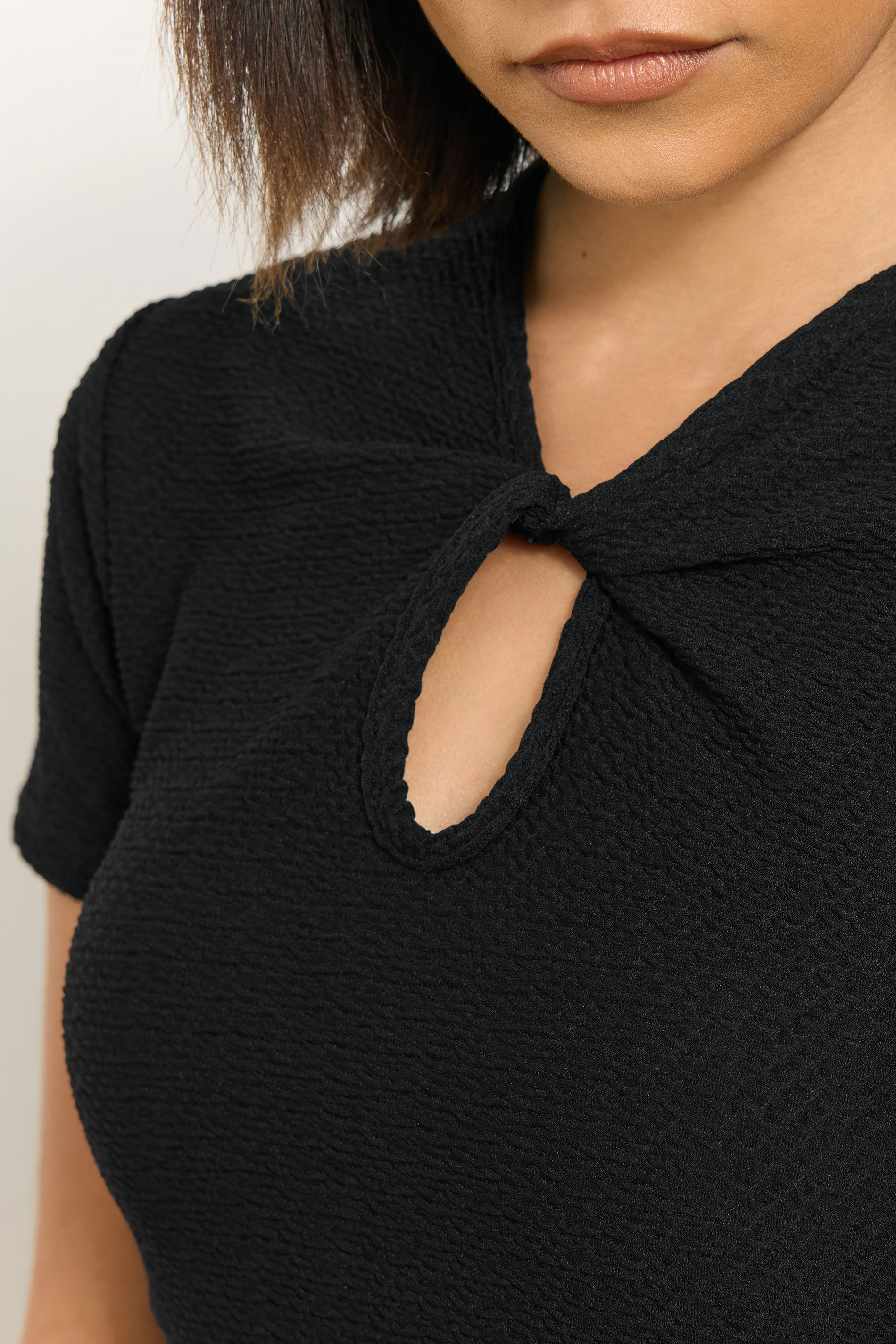 Petite Black Twist Neck Textured Midi Dress | PixieGirl 4