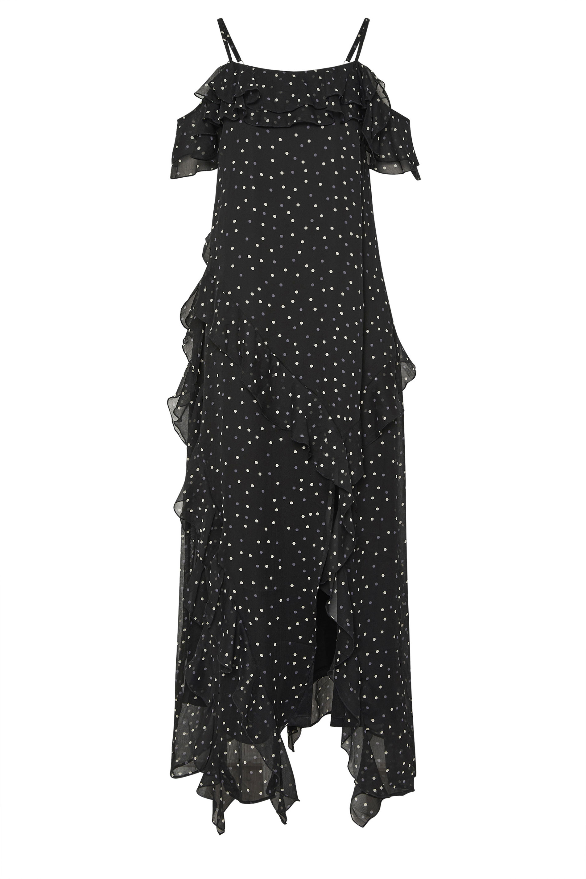 PixieGirl Petite Women's Black Chiffon Spot Ruffle Maxi Dress | PixieGirl 6