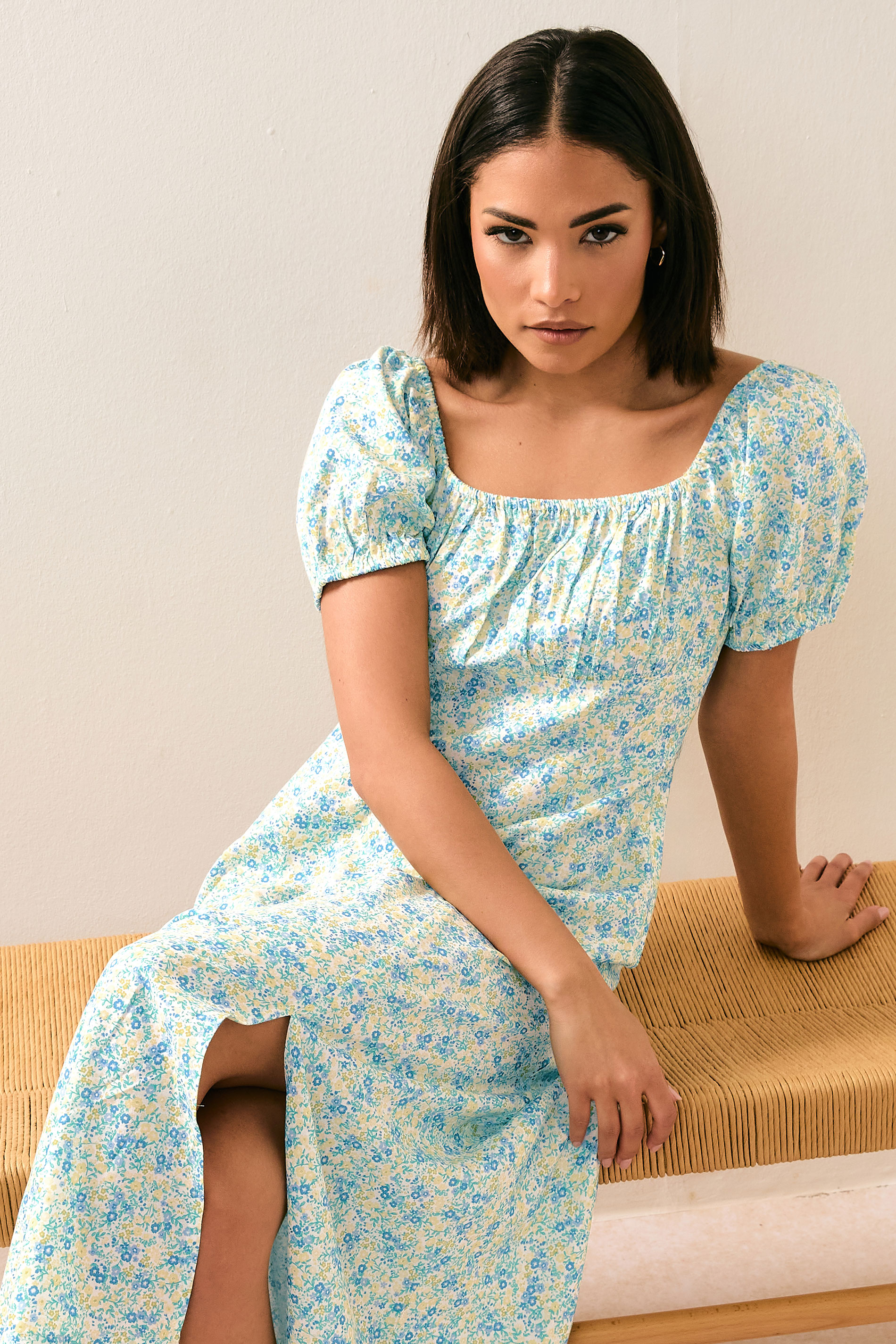 PixieGirl Petite Women's Blue Ditsy Floral Puff Sleeve Midi Dress | PixieGirl 1