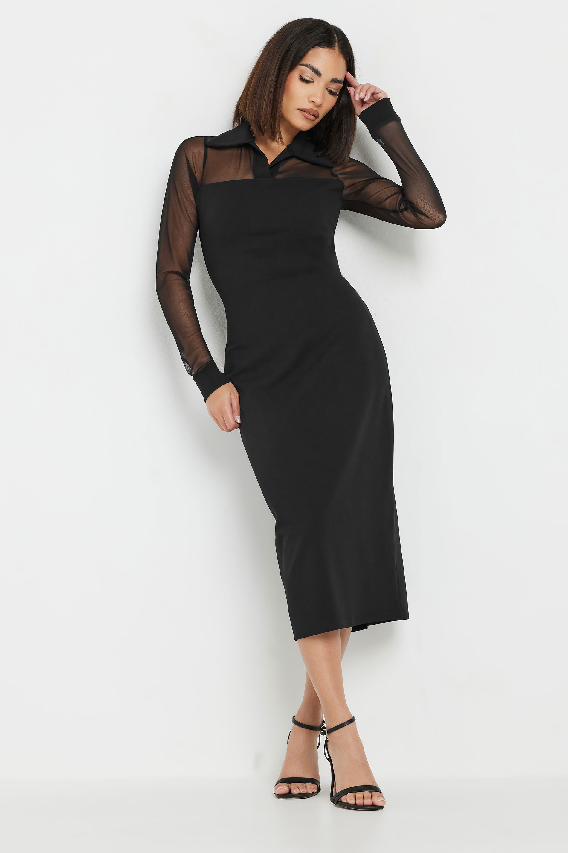 PixieGirl Petite Women's Black Mesh Collared Midi Dress | PixieGirl 2