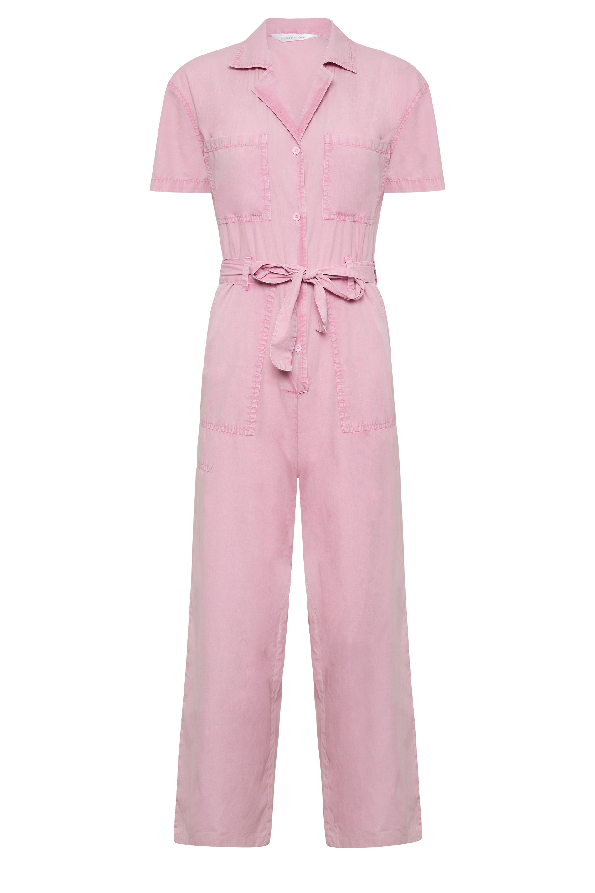 PixieGirl Petite Womens Pink Washed Tie Waist Utility Jumpsuit | PixieGirl