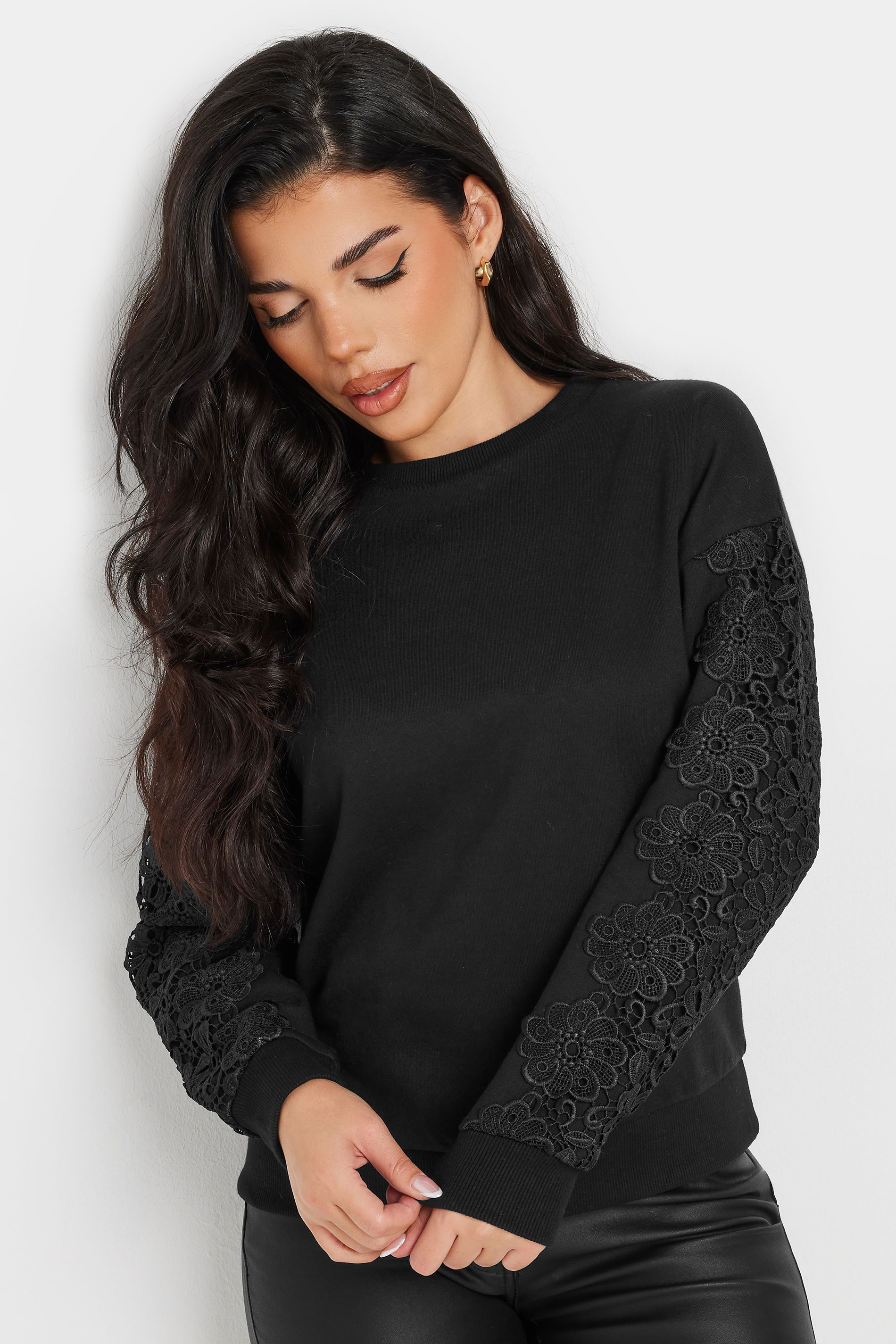 PixieGirl Petite Women's Black Crochet Sleeve Sweatshirt | PixieGirl 2