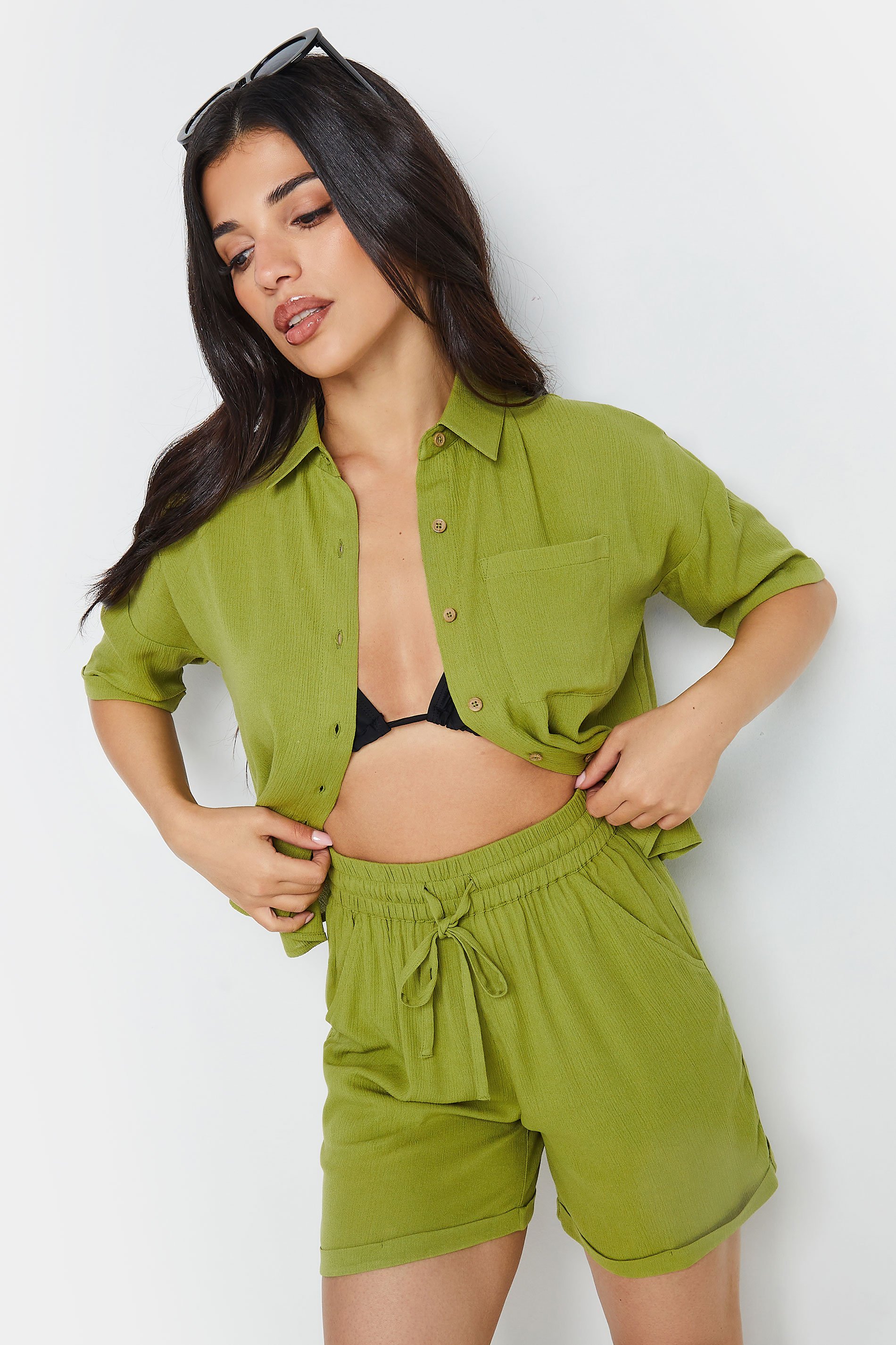 PixieGirl Petite Women's Green Textured Boxy Short Sleeve Shirt | PixieGirl 1