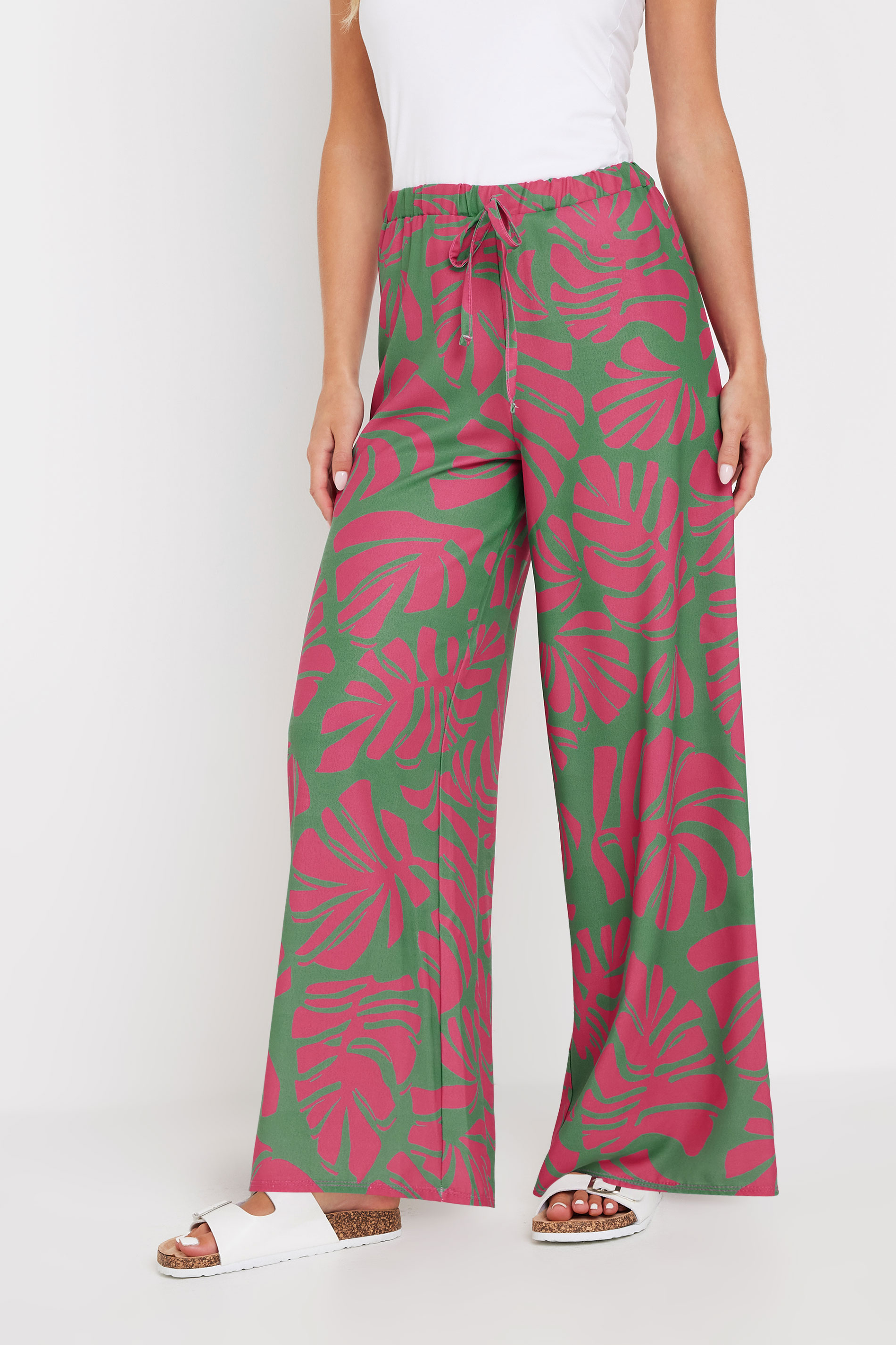 PixieGirl Green Leaf Print Wide Leg Trousers | PixieGirl 2