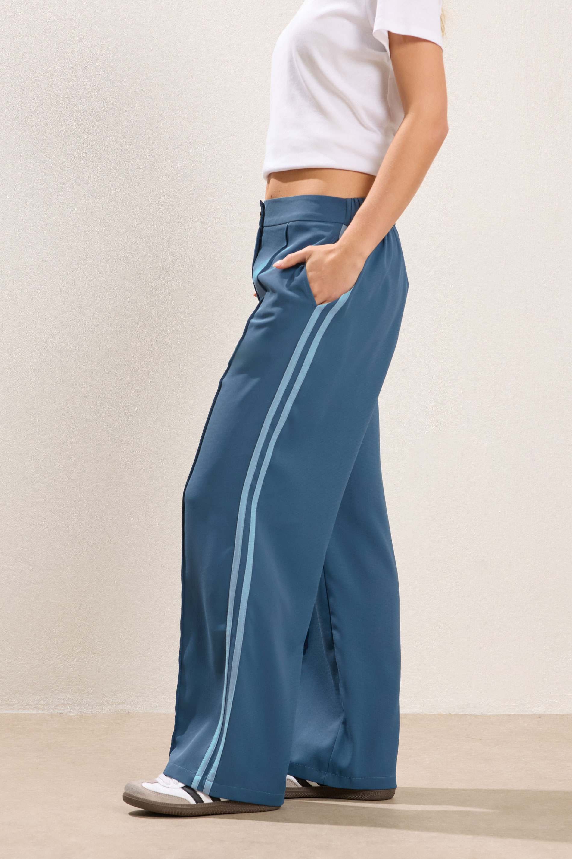 PixieGirl Petite Women's Dark Blue Side Stripe Wide Leg Trousers | PixieGirl 2