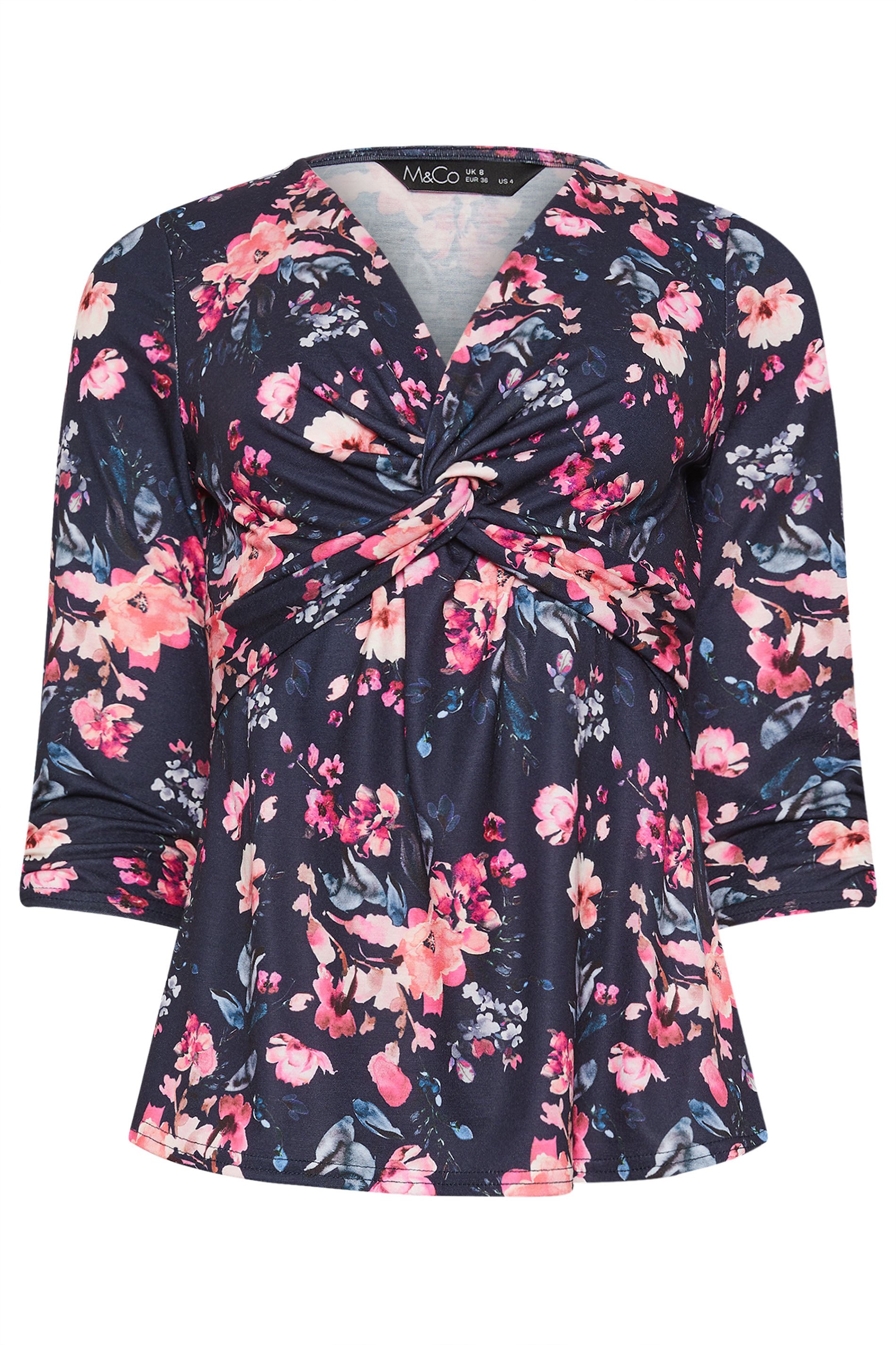 M&Co Petite Navy Blue Floral Twist Front Top | M&Co 5