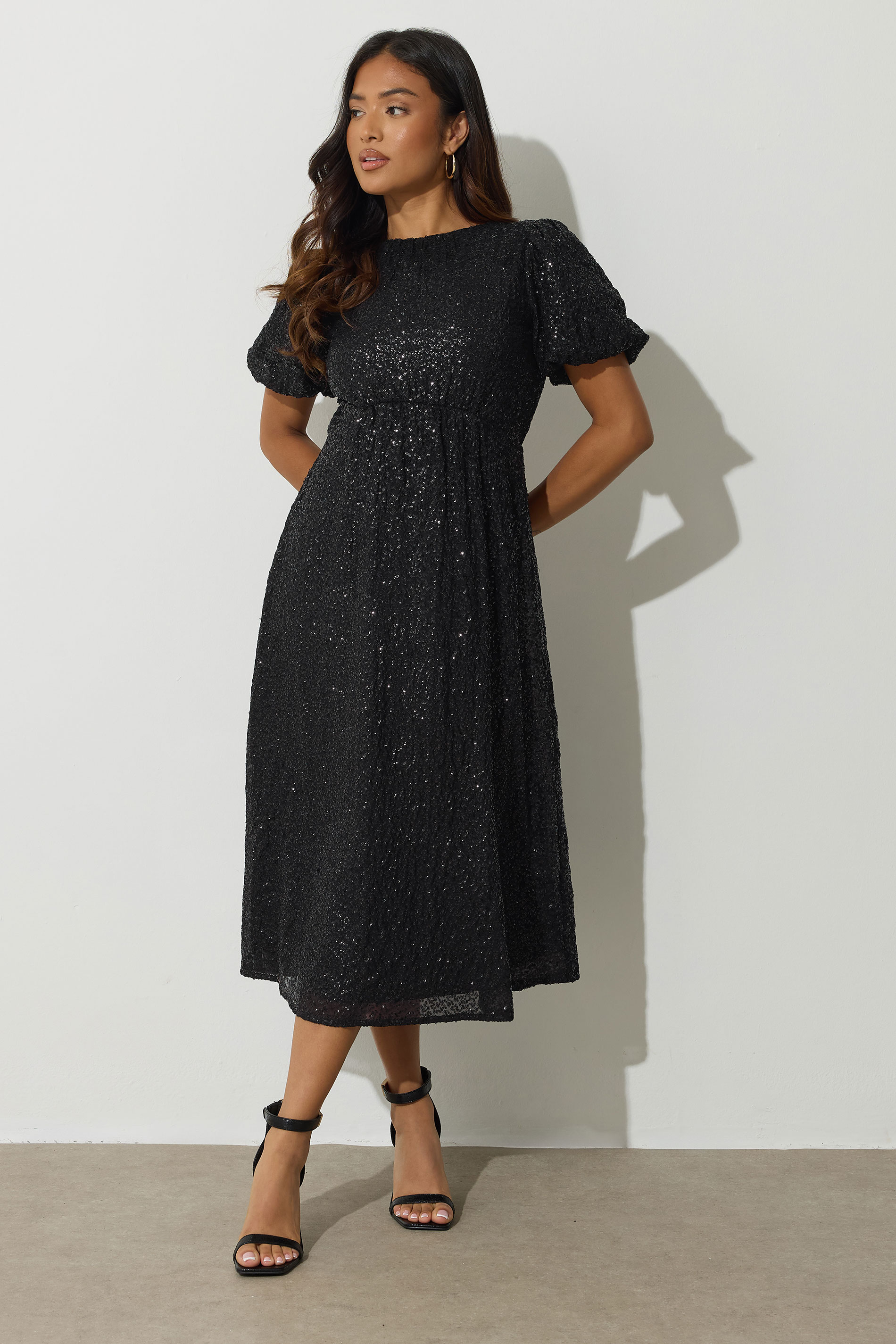 PixieGirl Petite Womens Black Sequin Tie Back Midi Dress | PixieGirl 3