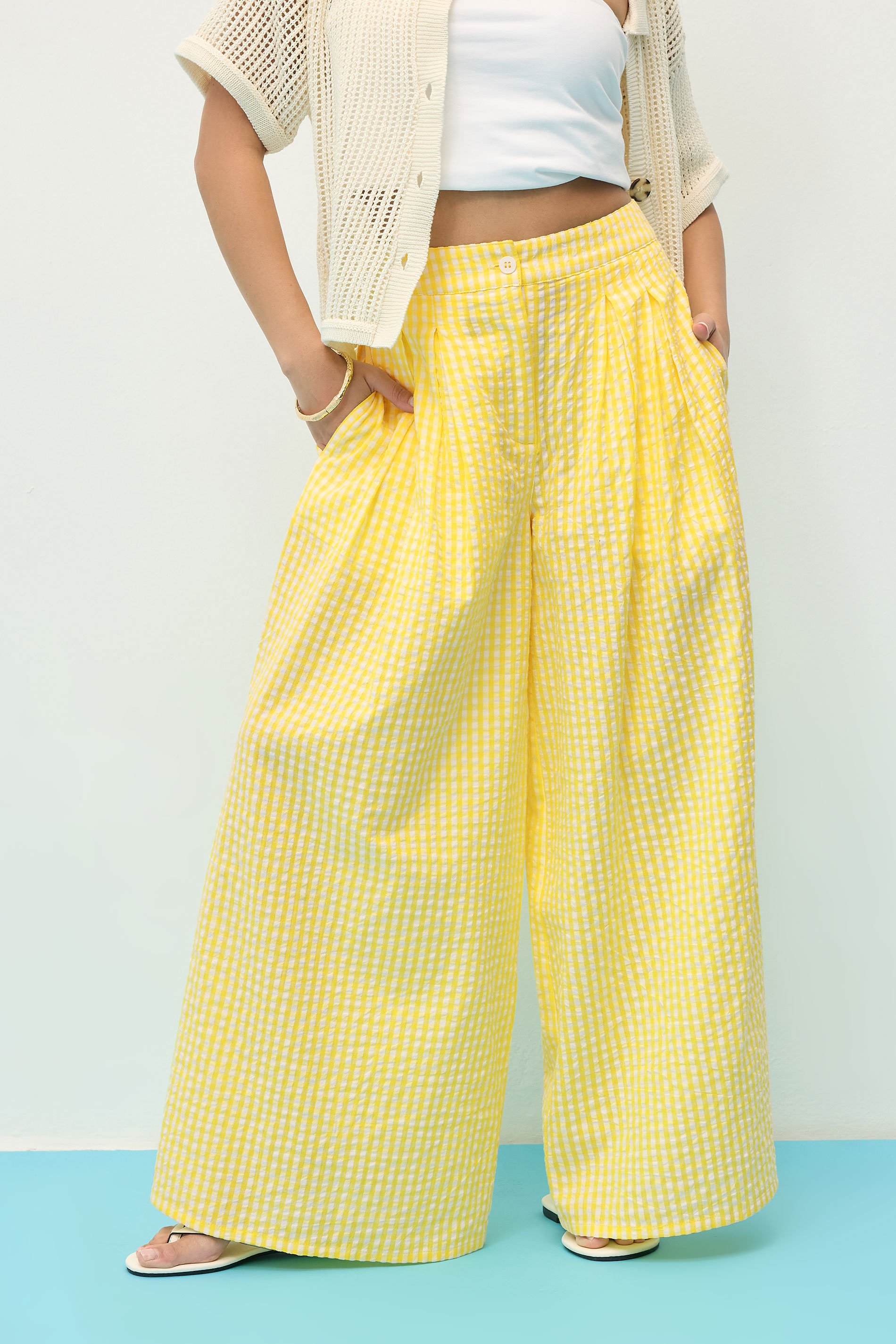 PixieGirl Petite Women's Yellow Cotton Gingham Palazzo Trousers | PixieGirl 3